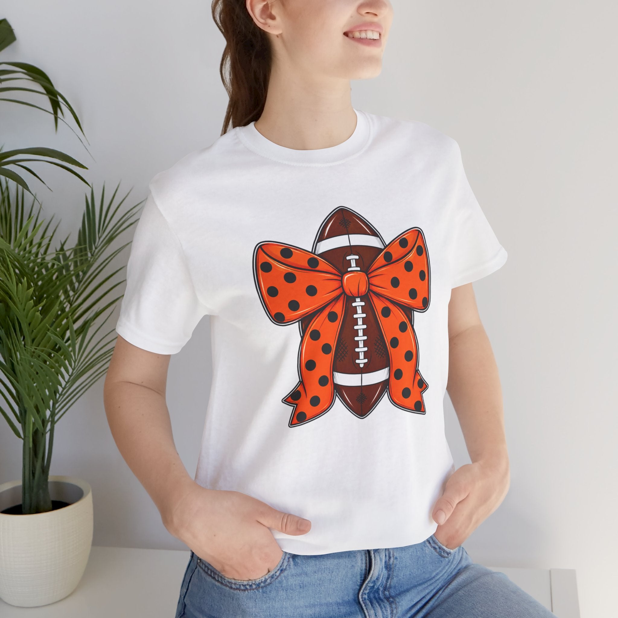 Football Bow Tee – Polka Dot Orange Ribbon Football Shirt