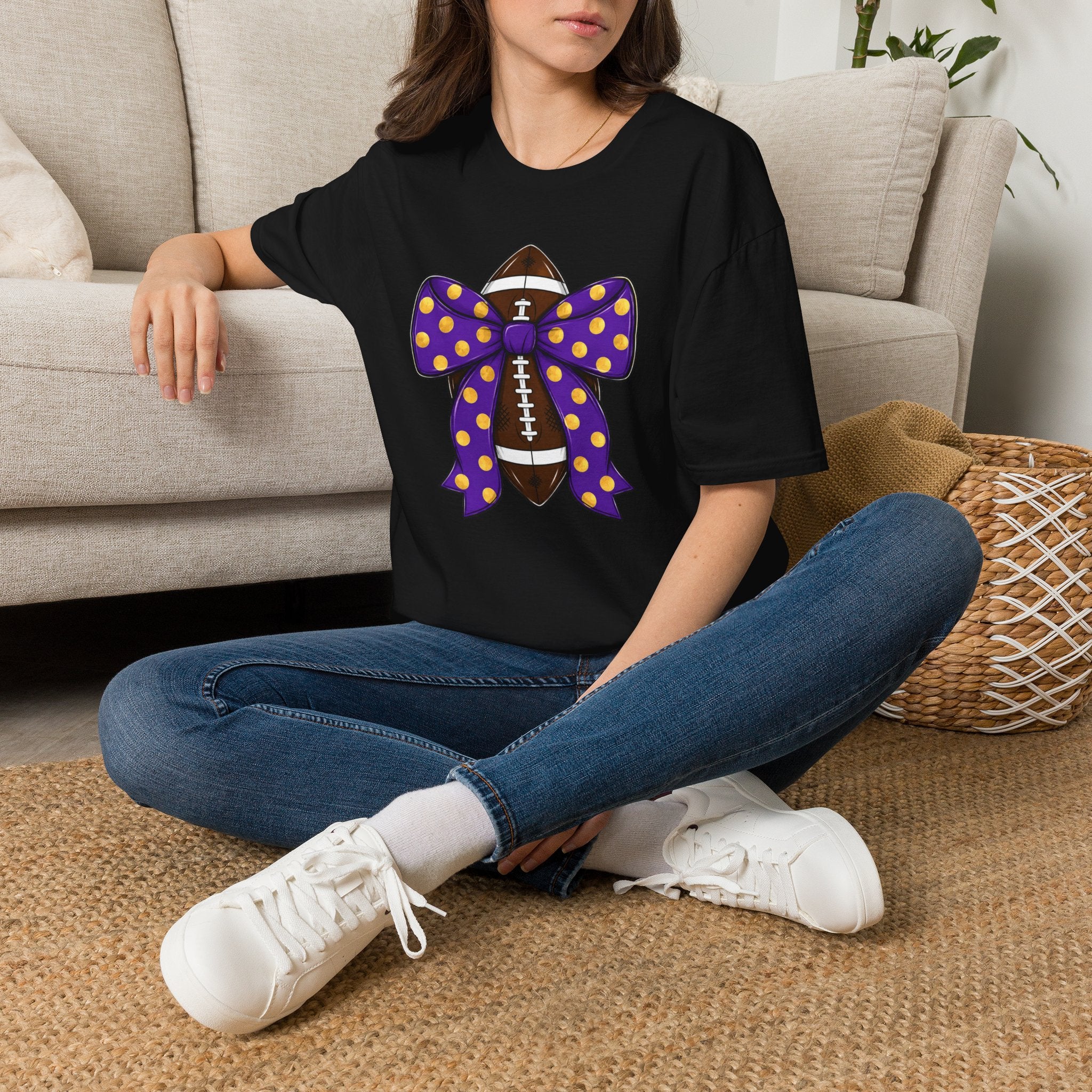 Football With Purple Polka Dot Bow T‑Shirt