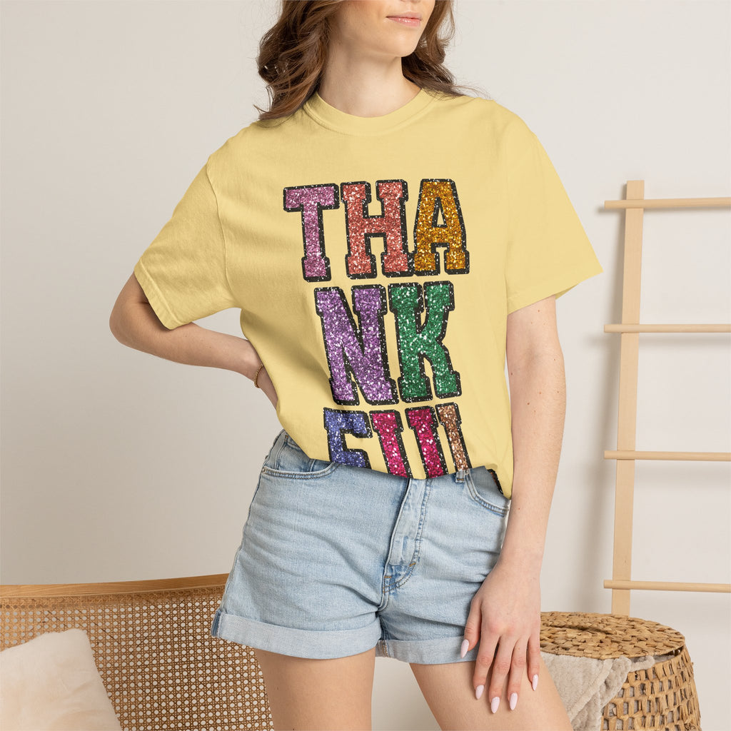 Thankful Glitter Block Tee - Colorful Thanksgiving Gratitude T-Shirt