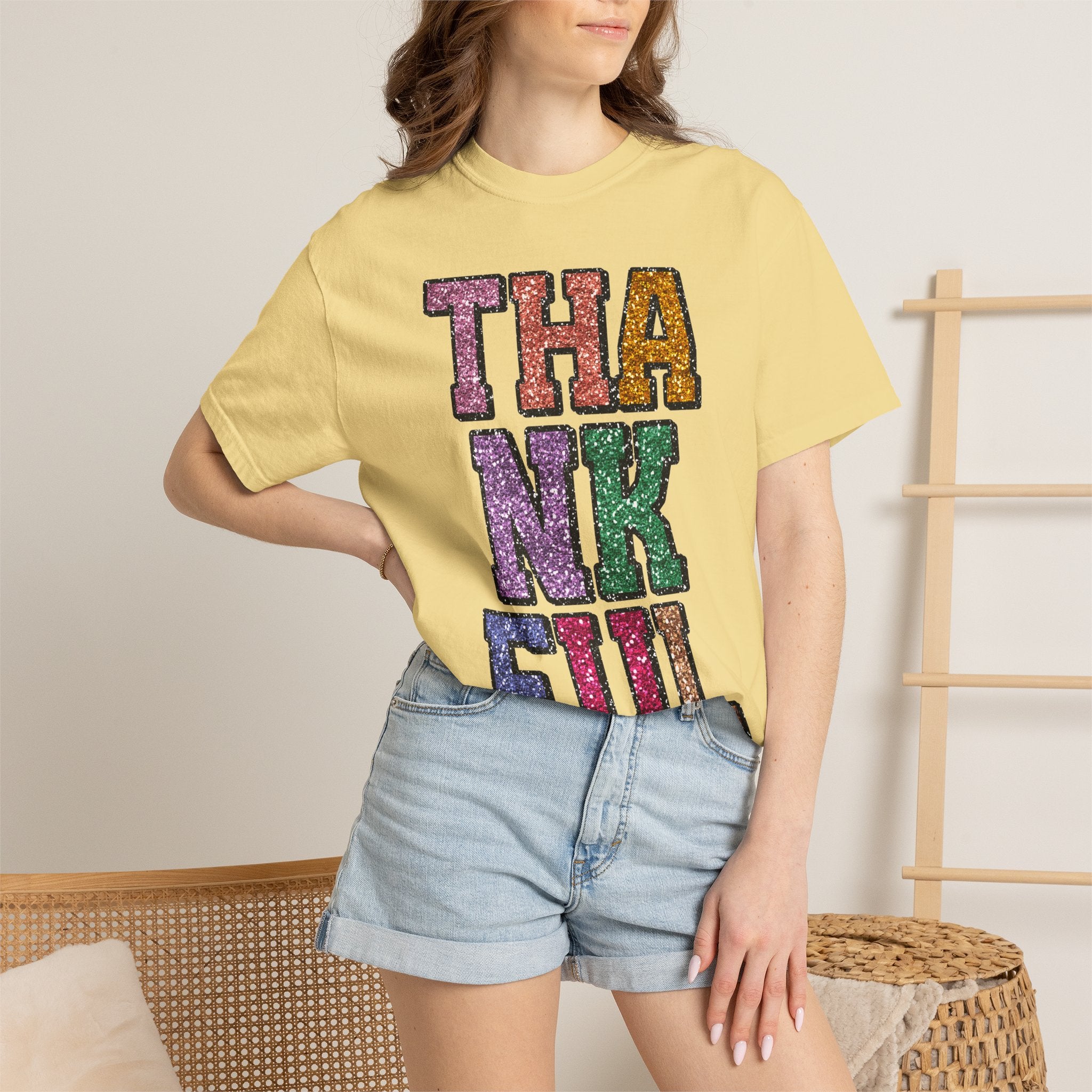 Thankful Glitter Block Tee - Colorful Thanksgiving Gratitude T-Shirt