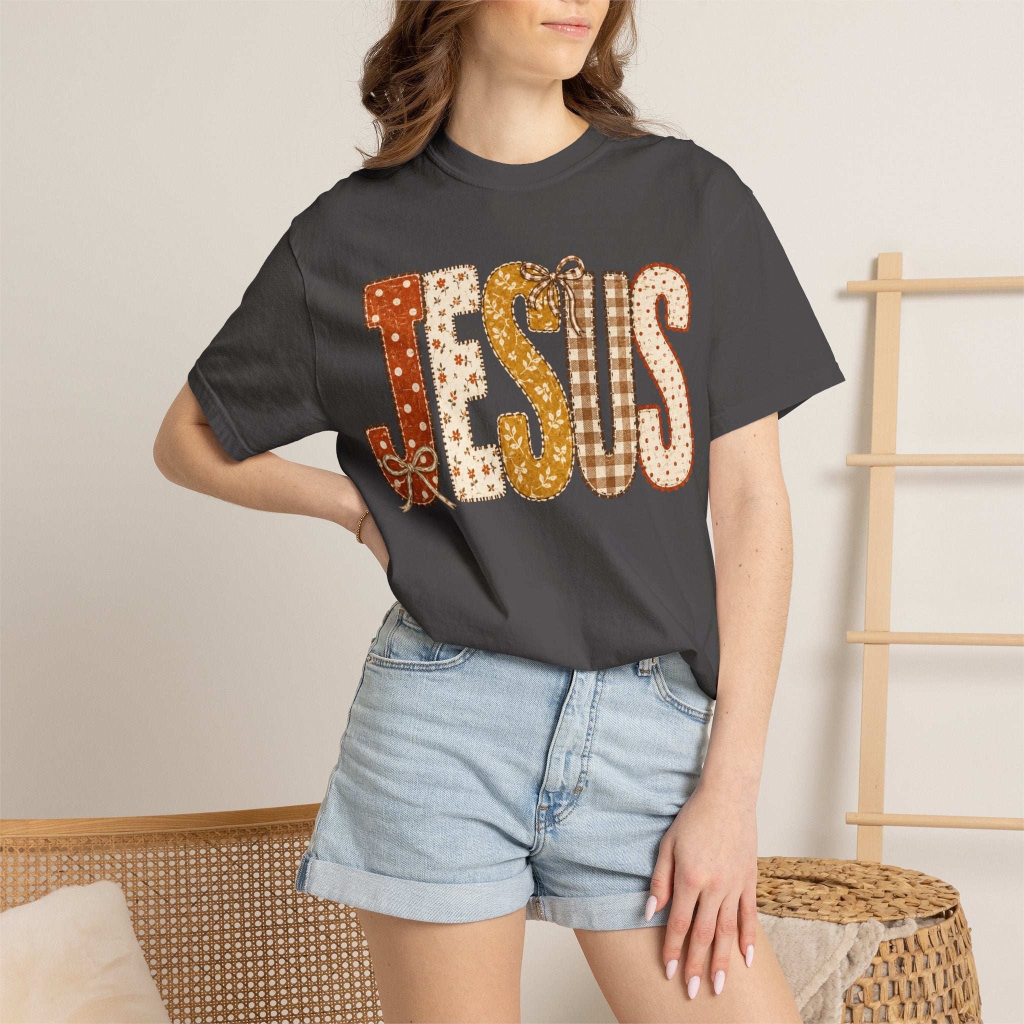 Jesus Patchwork T‑Shirt — Retro Plaid & Paisley Faith Tee