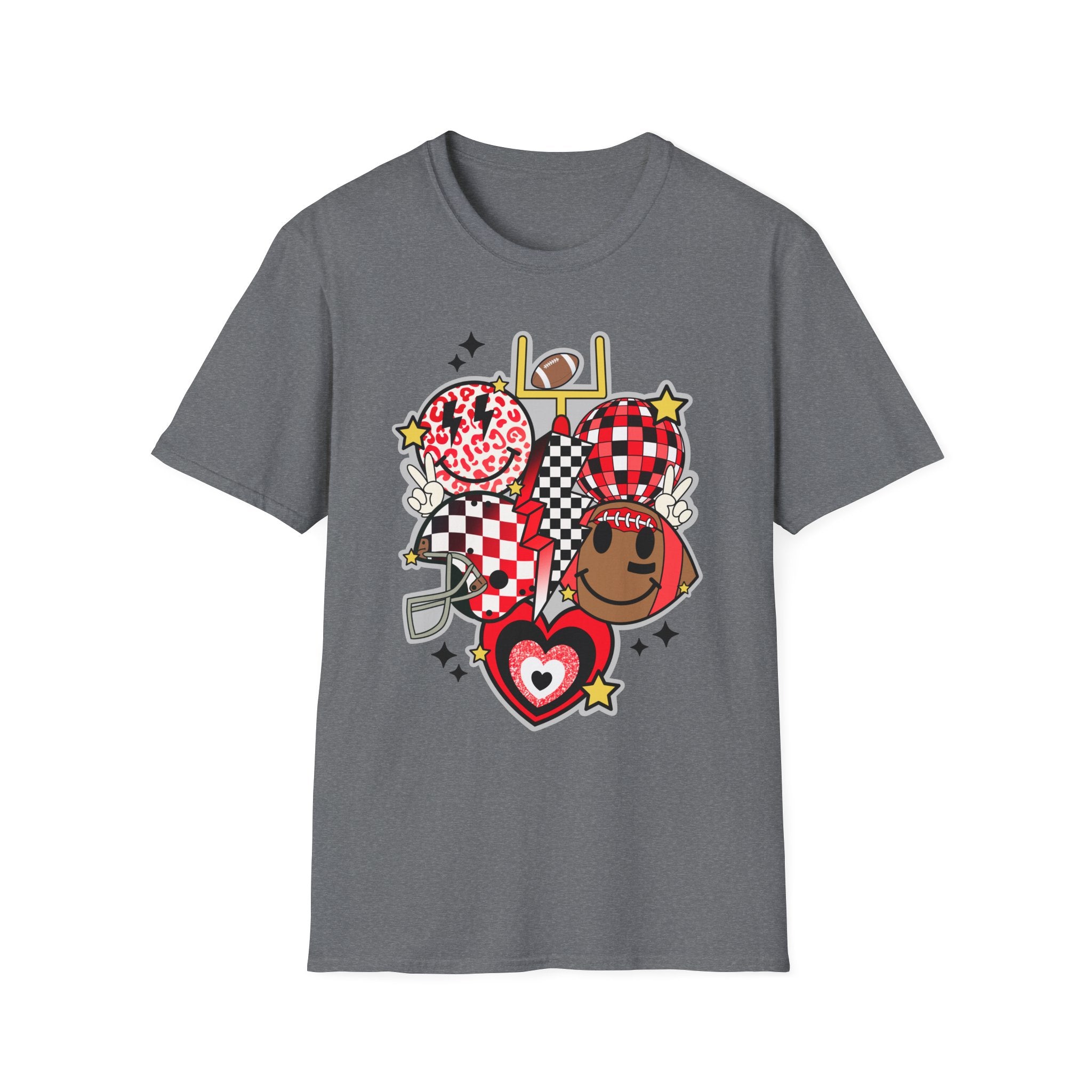 Football Love Graphic T-Shirt — Cute Checker & Heart Helmet Design