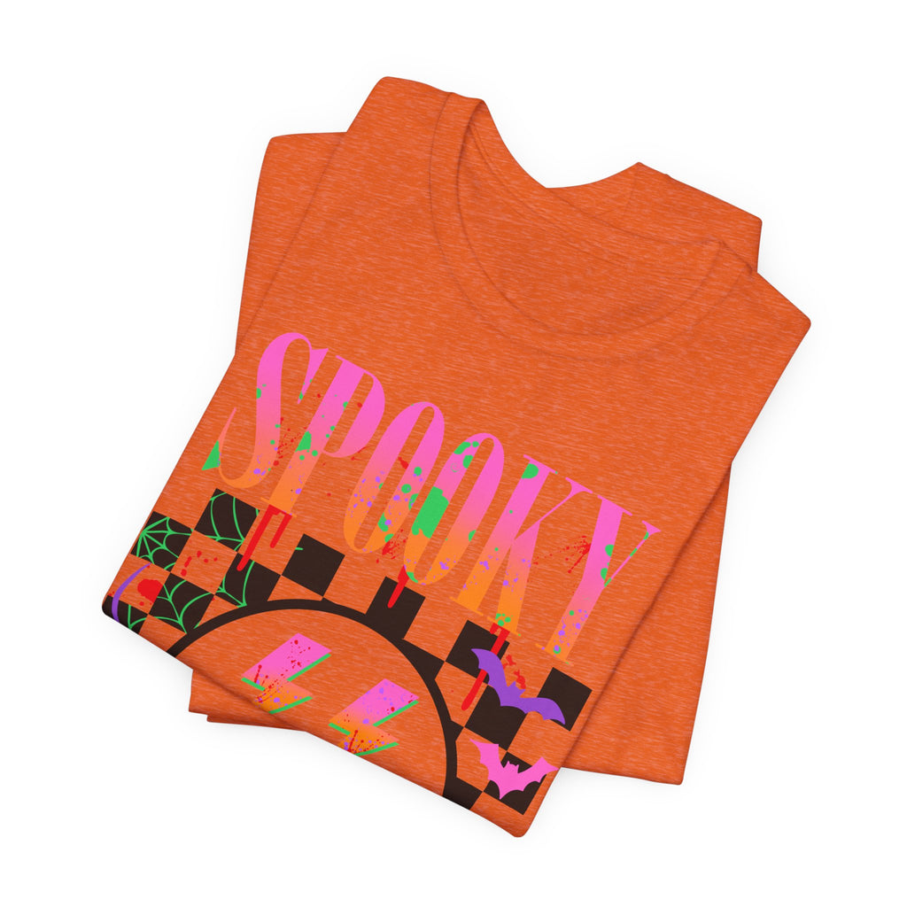 Spooky Checkerboard Tee — Neon Ghost Lightning Graphic T‑Shirt
