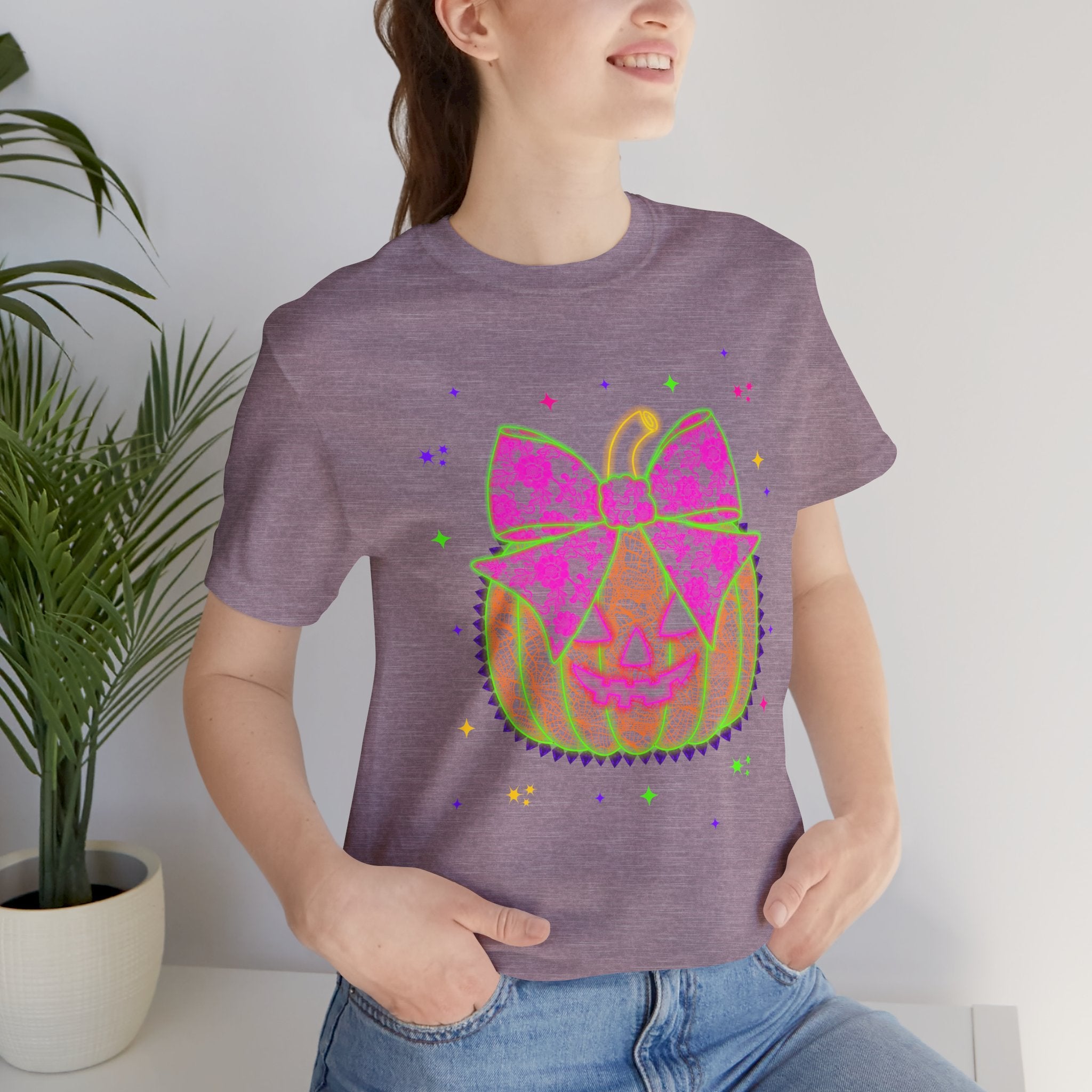 Neon Pumpkin Bow T-Shirt — Cute Glowing Halloween Jack-O'-Lantern Tee