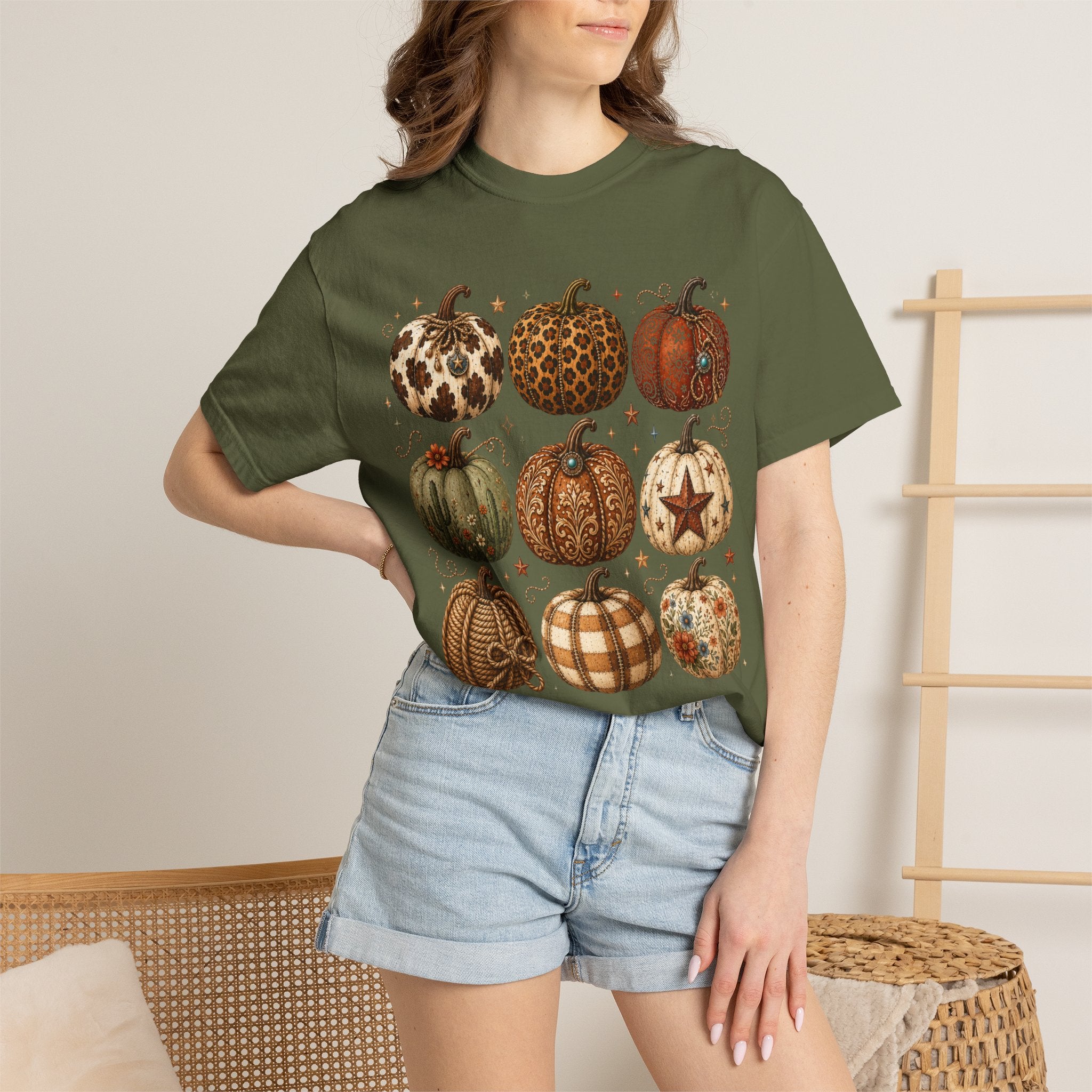 Vintage Patterned Pumpkins T-Shirt — Fall Buffalo Check & Leopard Pumpkin Graphic