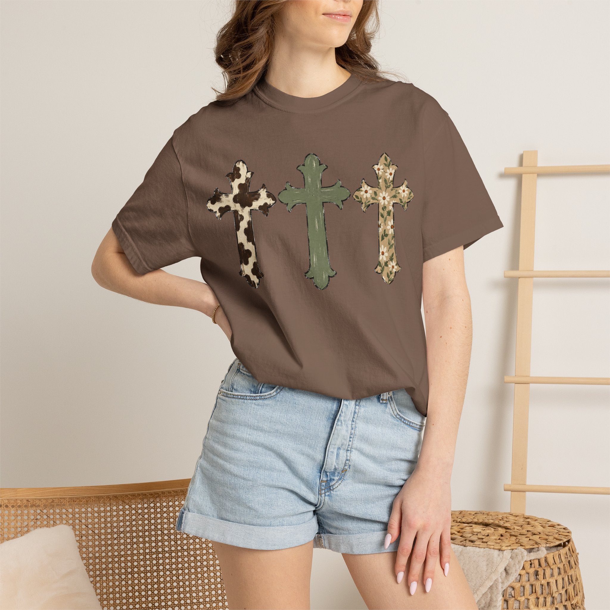 Cowhide Crosses T‑Shirt — Southwestern Floral Christian Tee