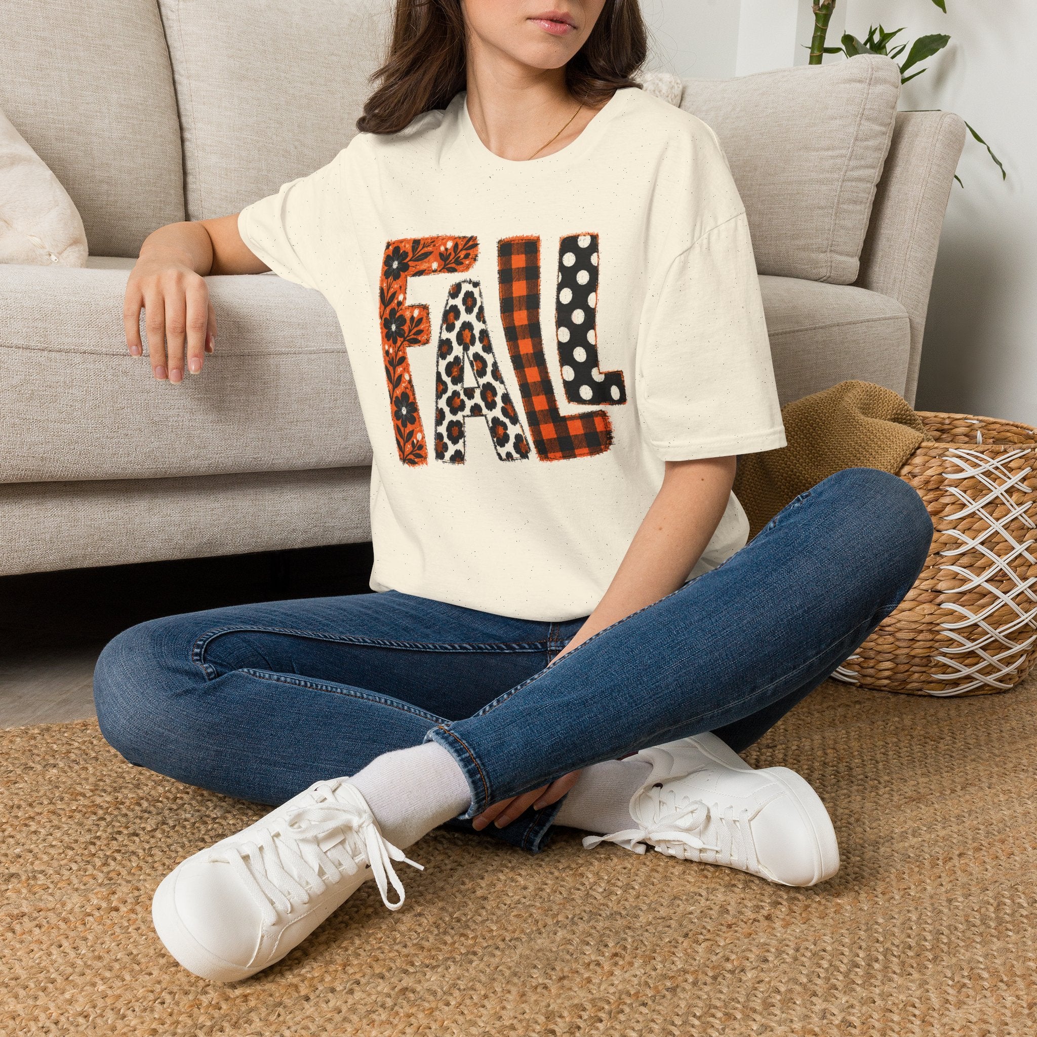 Fall Pattern Lettering T-Shirt — Plaid, Leopard & Polka Dot Seasonal Tee
