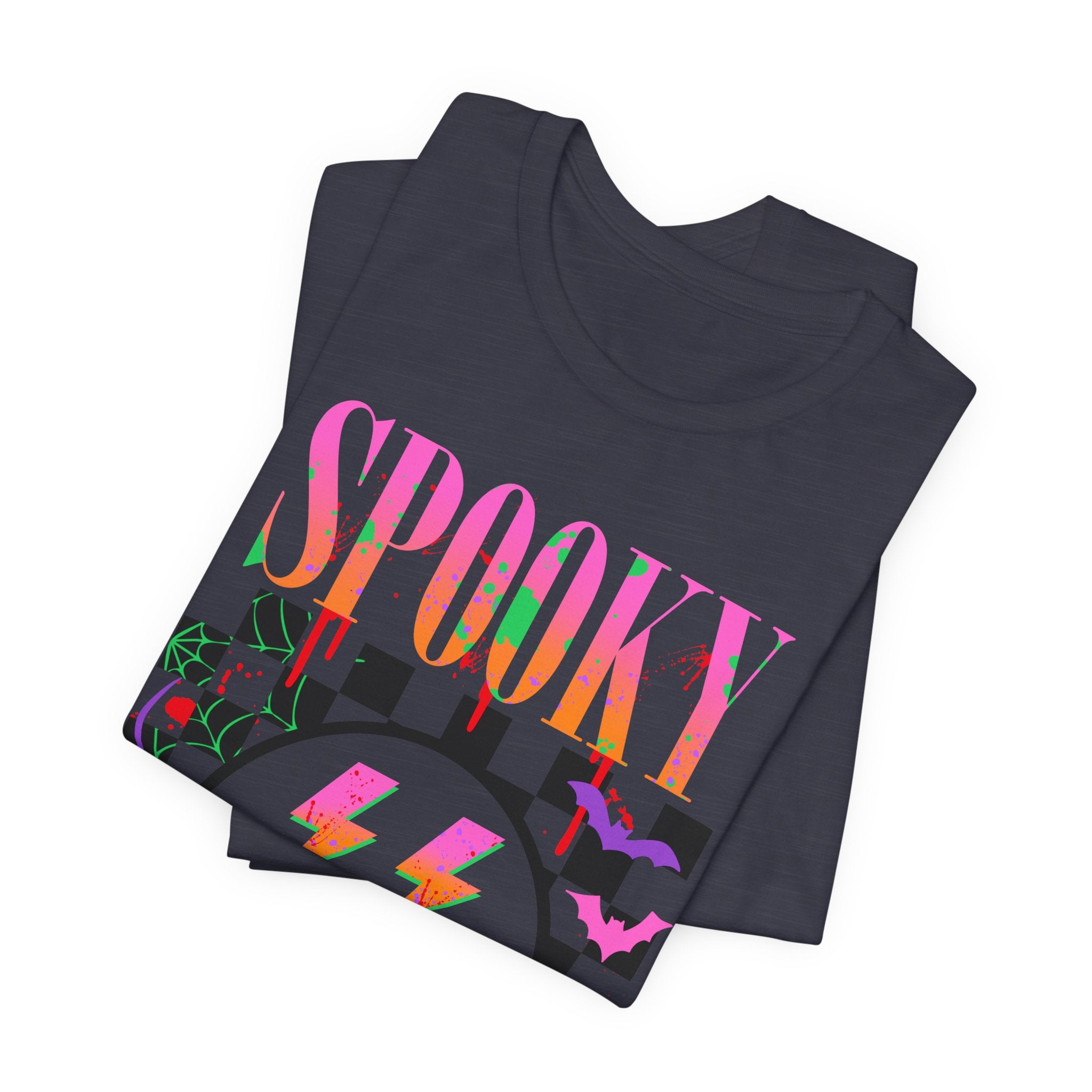 Spooky Checkerboard Tee — Neon Ghost Lightning Graphic T‑Shirt
