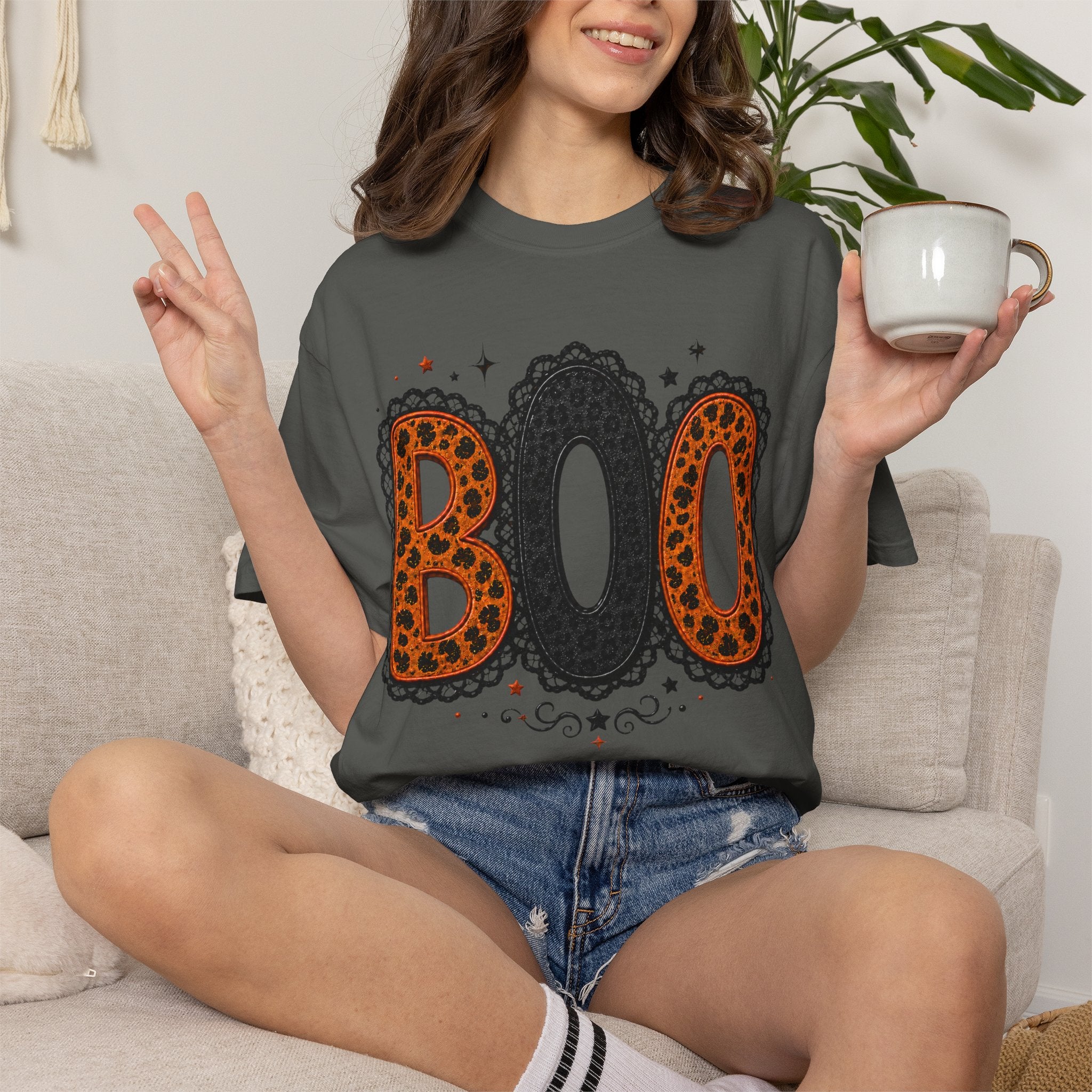 BOO Halloween T-Shirt — Vintage Lace Orange & Black Graphic Tee