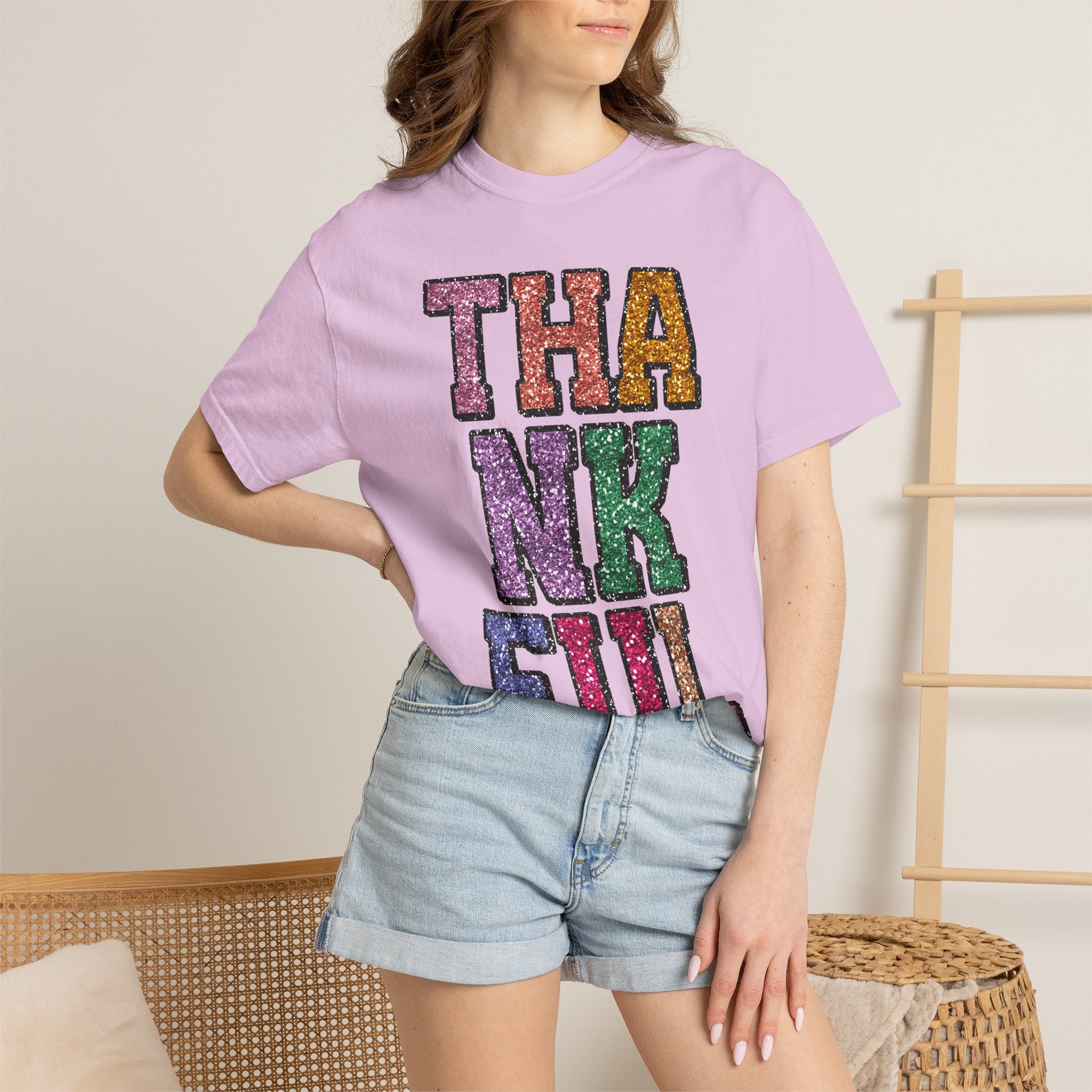 Thankful Glitter Block Tee - Colorful Thanksgiving Gratitude T-Shirt