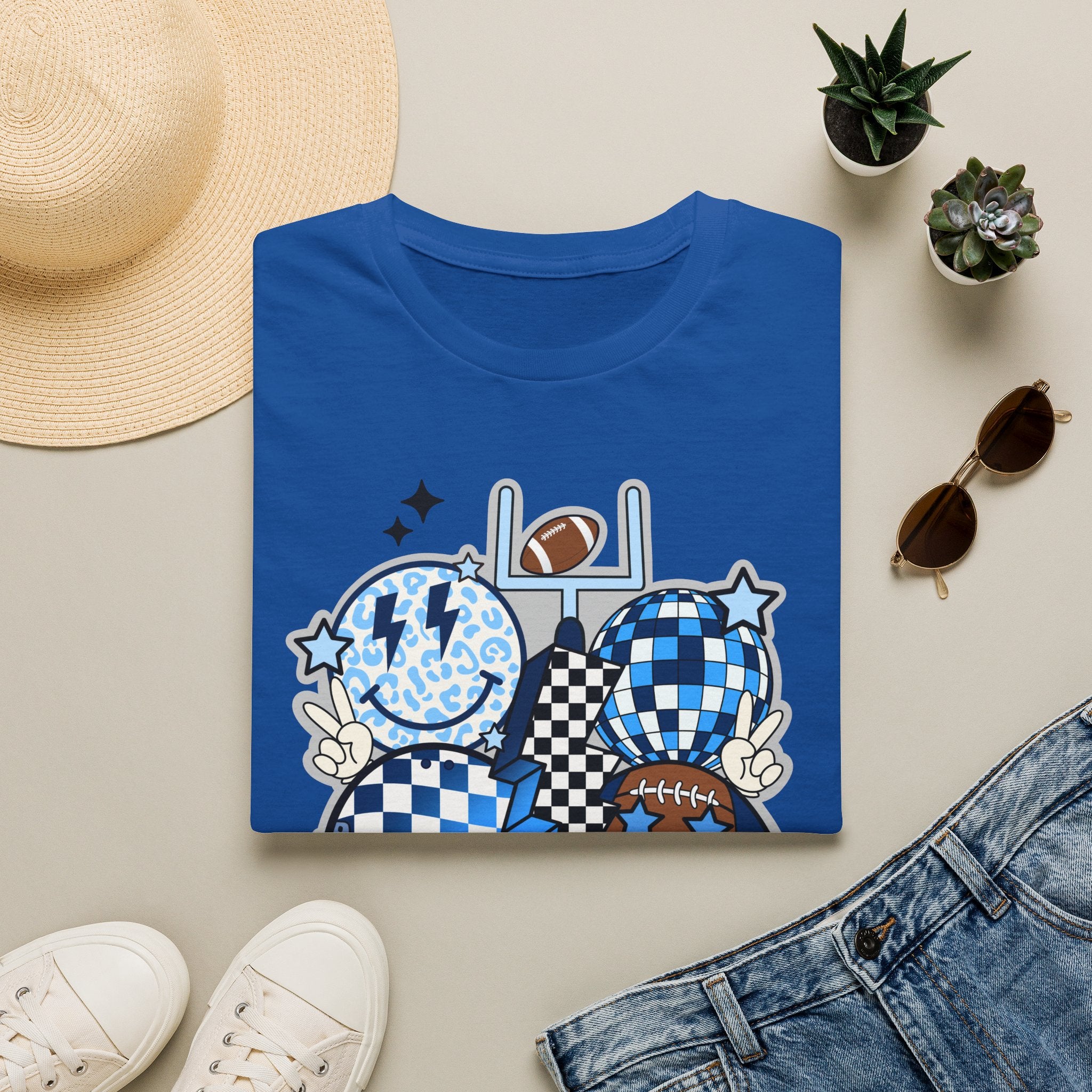 Blue Football Crew Graphic T‑Shirt — Checkerboard Smiley Tailgate Tee