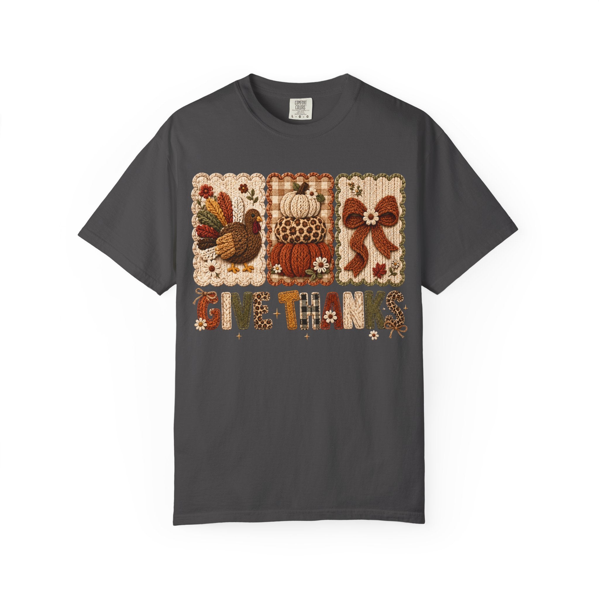 Give Thanks Thanksgiving T-Shirt — Autumn Turkey, Pumpkin & Bow Fall Tee