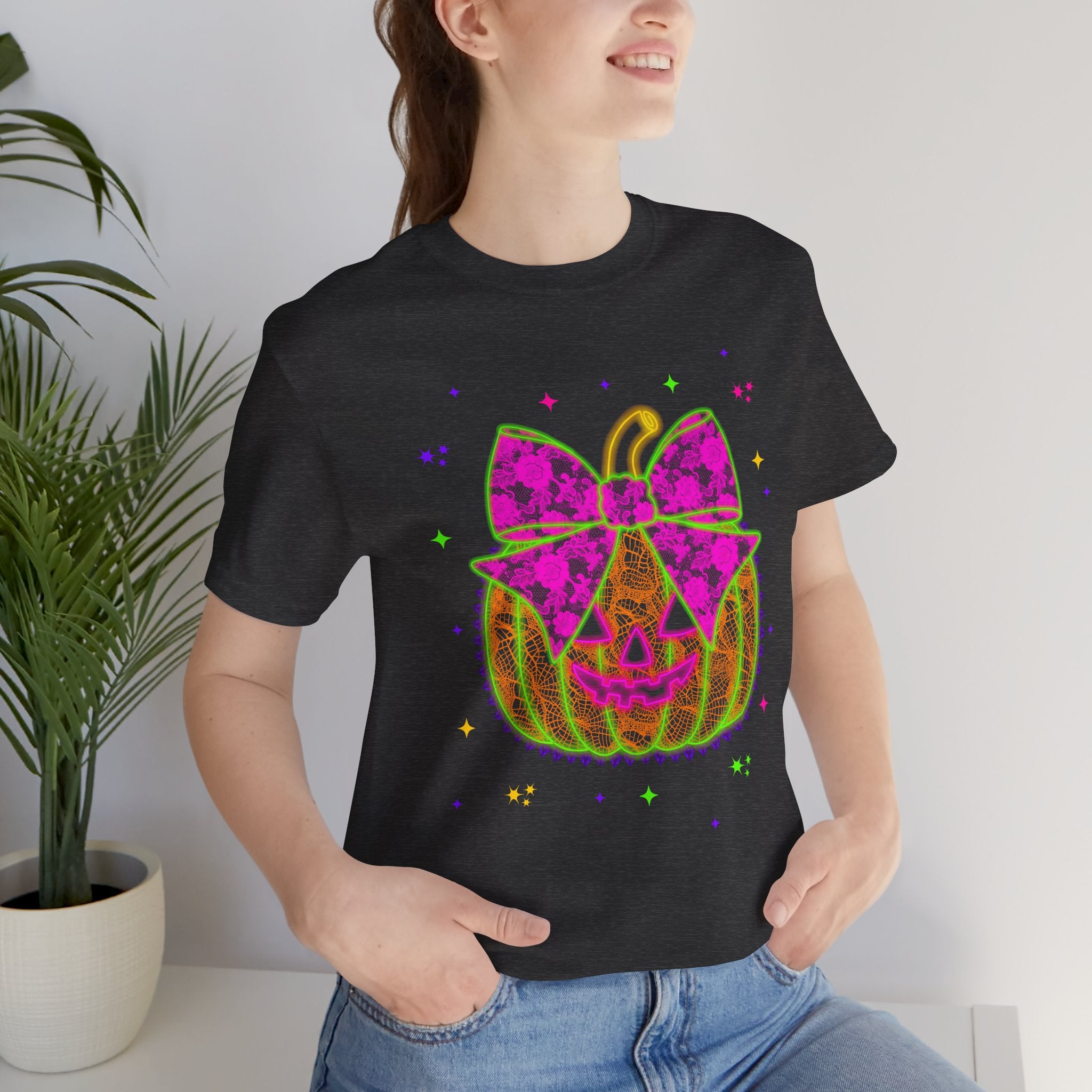 Neon Pumpkin Bow T-Shirt — Cute Glowing Halloween Jack-O'-Lantern Tee