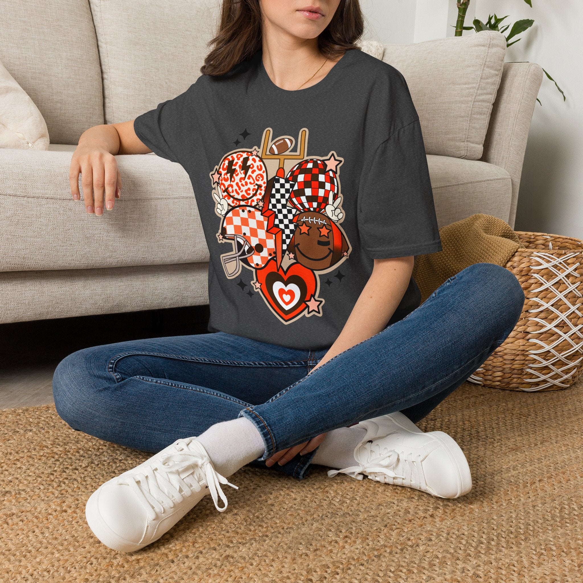 Checker Football Balloons Tee — Orange Game Day Shirt
