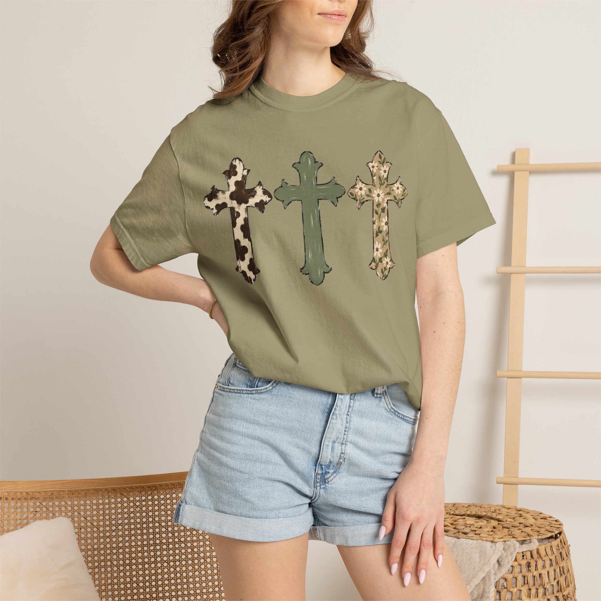 Cowhide Crosses T‑Shirt — Southwestern Floral Christian Tee