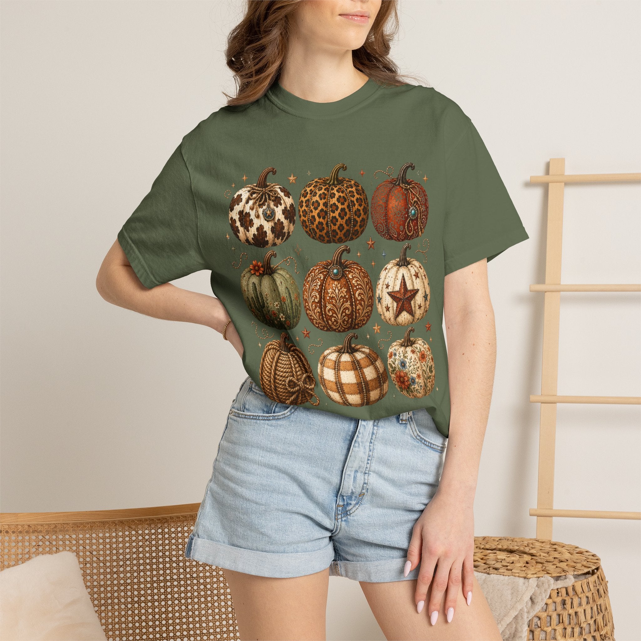 Vintage Patterned Pumpkins T-Shirt — Fall Buffalo Check & Leopard Pumpkin Graphic