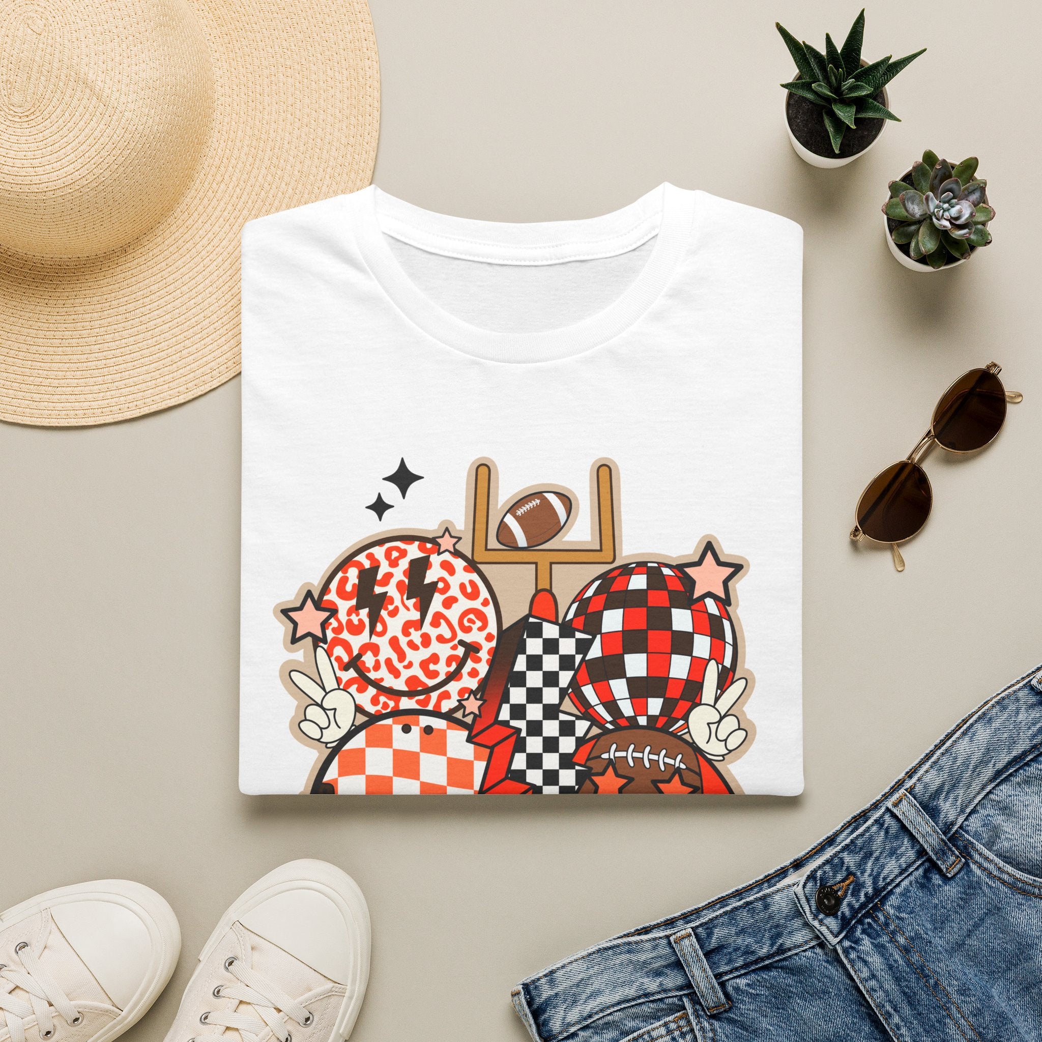 Checker Football Balloons Tee — Orange Game Day Shirt
