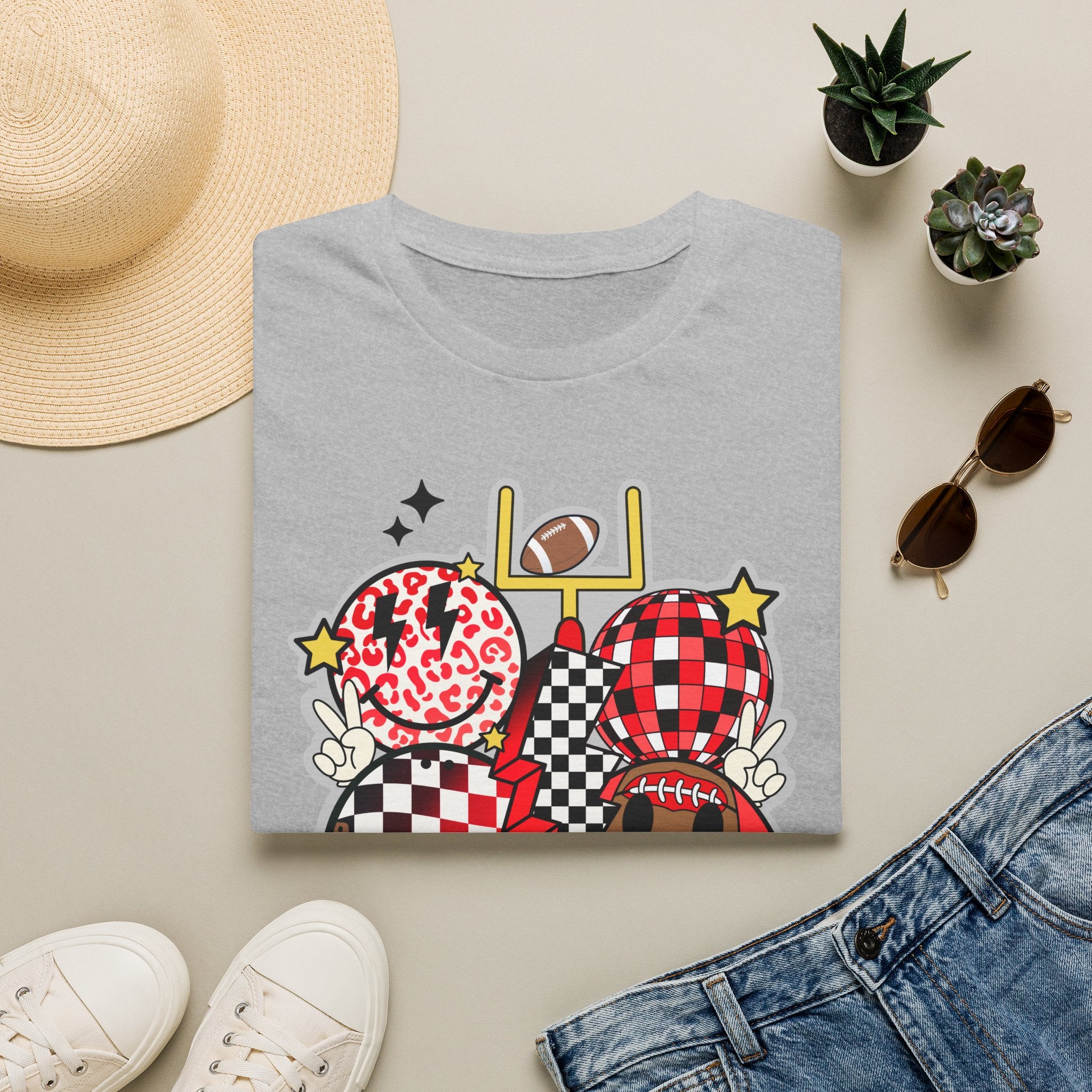 Football Love Graphic T-Shirt — Cute Checker & Heart Helmet Design