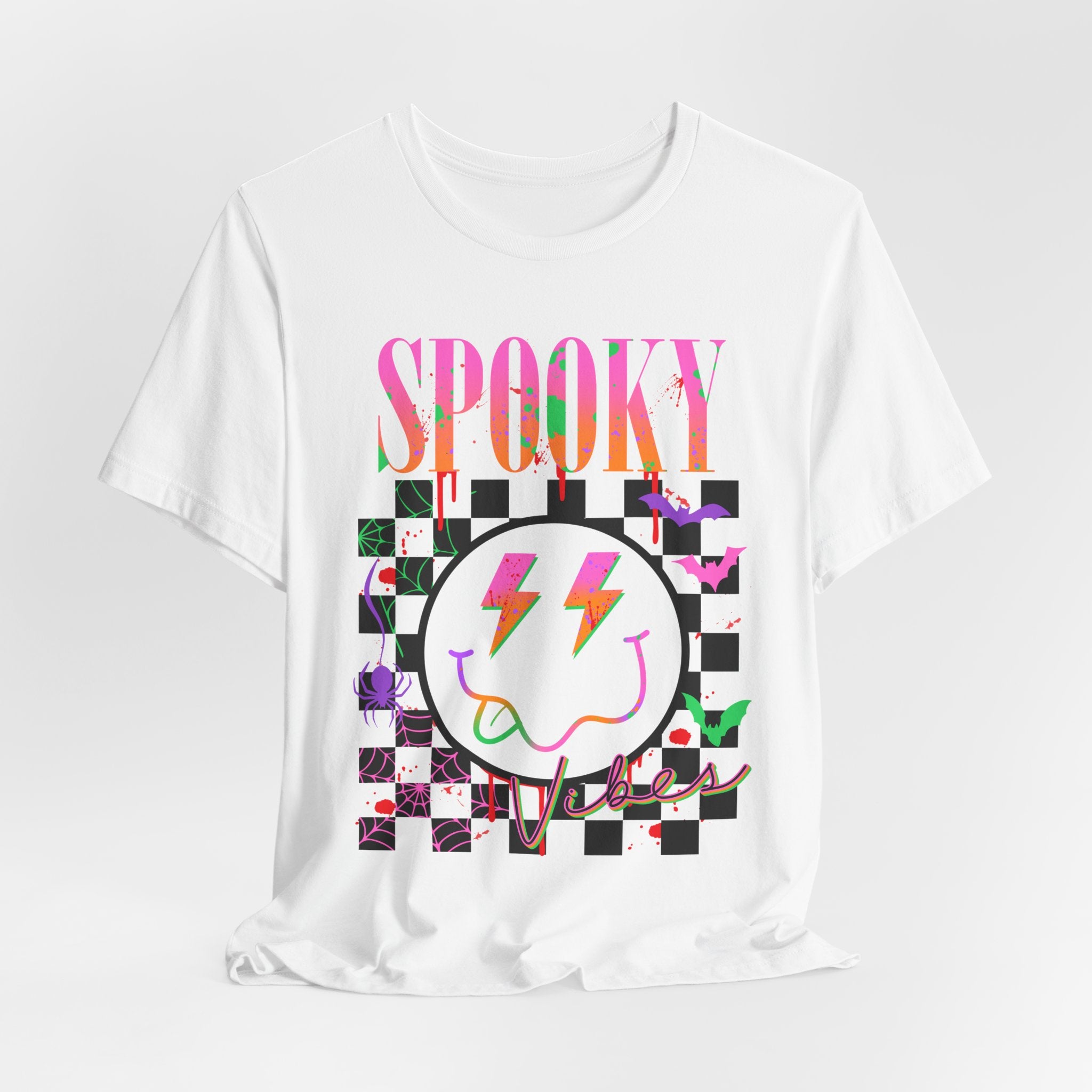 Spooky Checkerboard Tee — Neon Ghost Lightning Graphic T‑Shirt