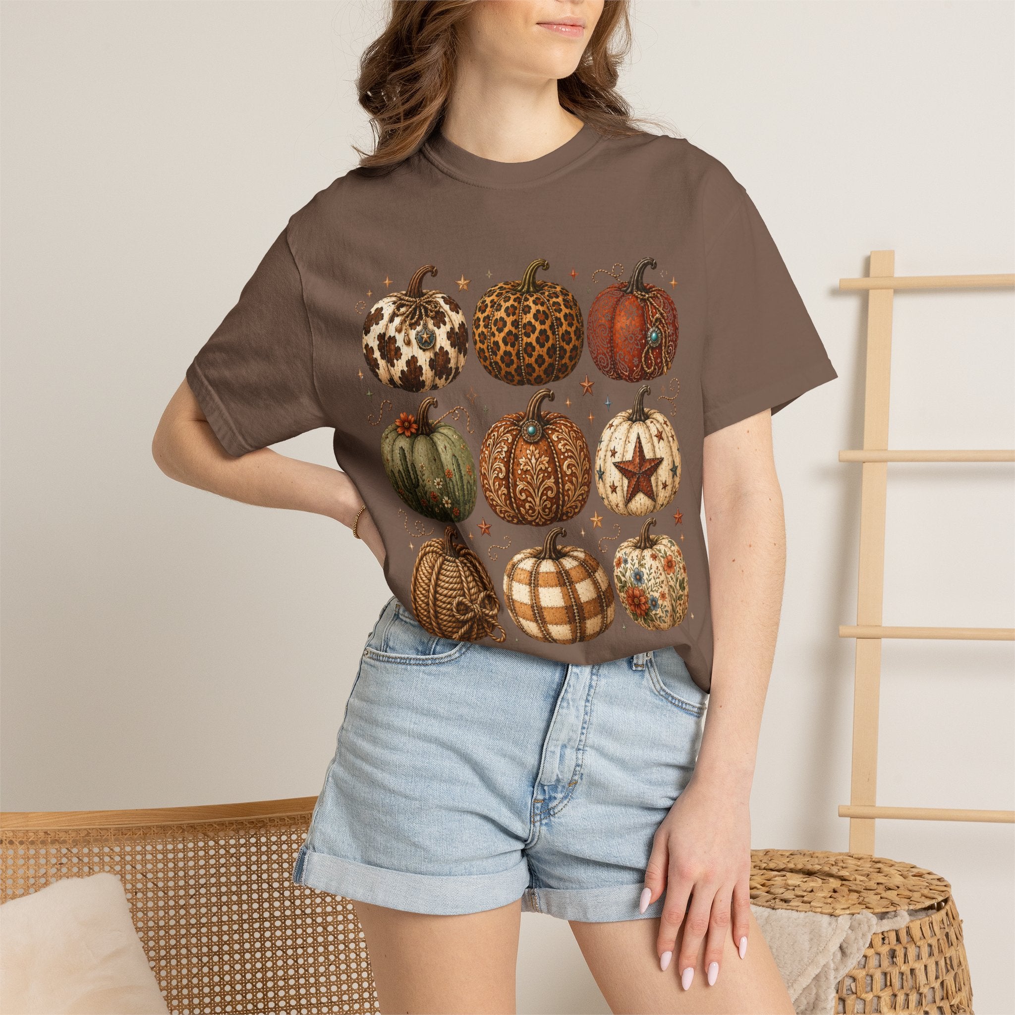 Vintage Patterned Pumpkins T-Shirt — Fall Buffalo Check & Leopard Pumpkin Graphic