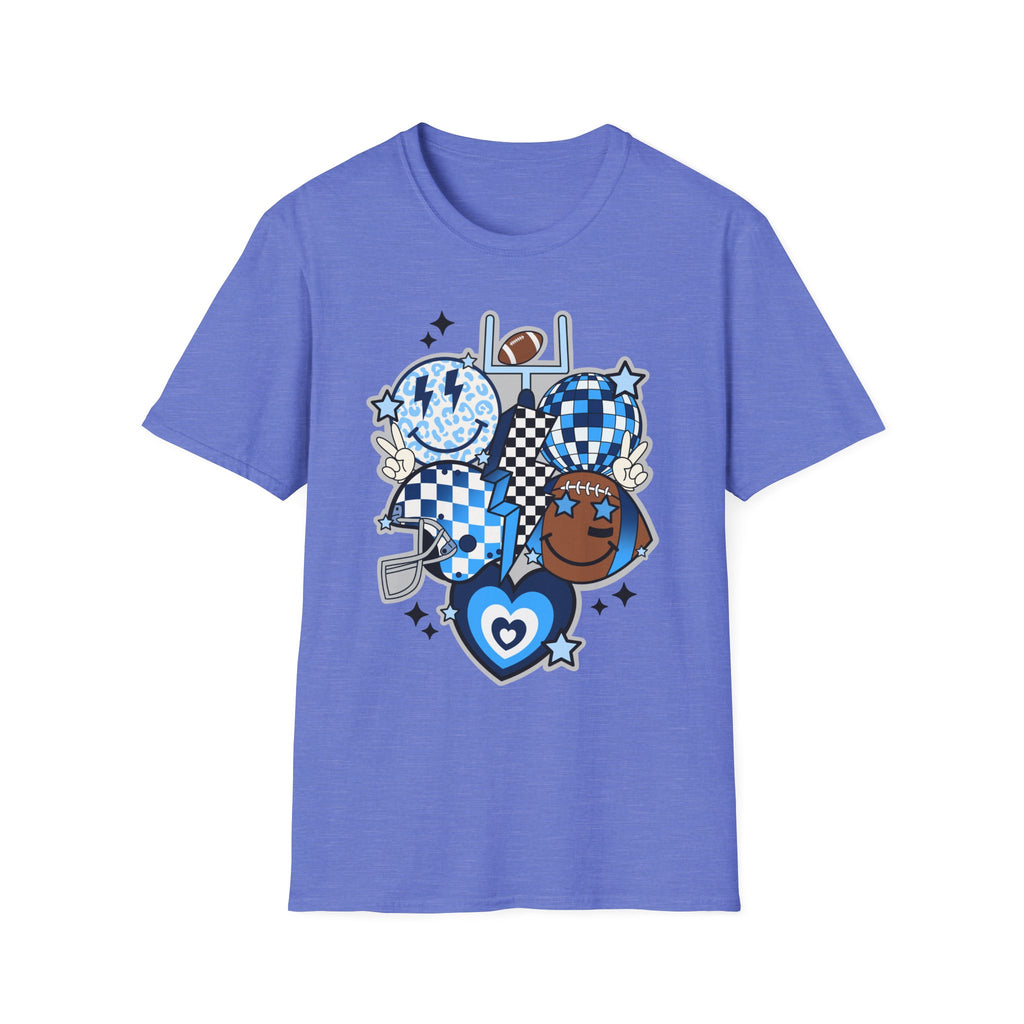 Blue Football Crew Graphic T‑Shirt — Checkerboard Smiley Tailgate Tee