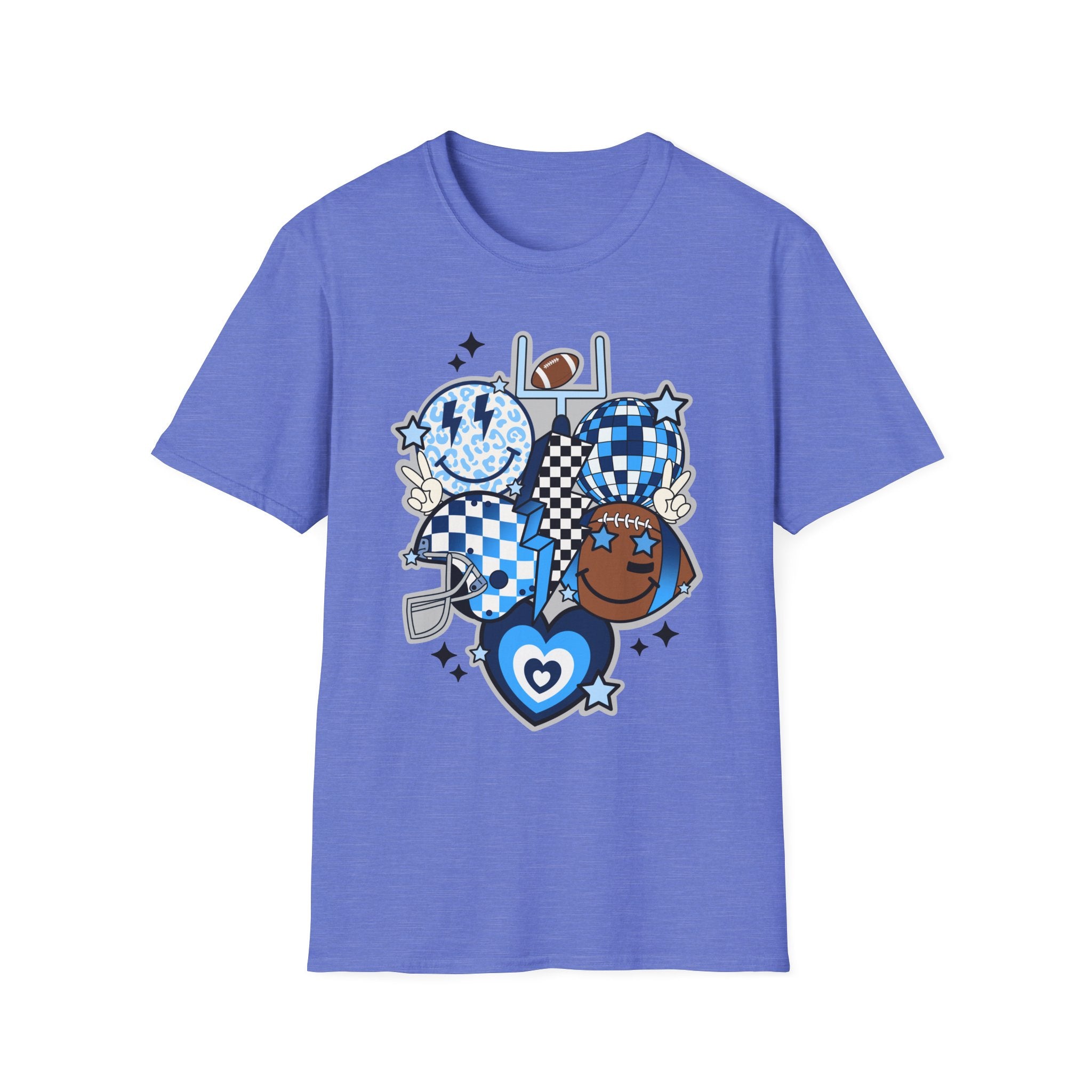 Blue Football Crew Graphic T‑Shirt — Checkerboard Smiley Tailgate Tee