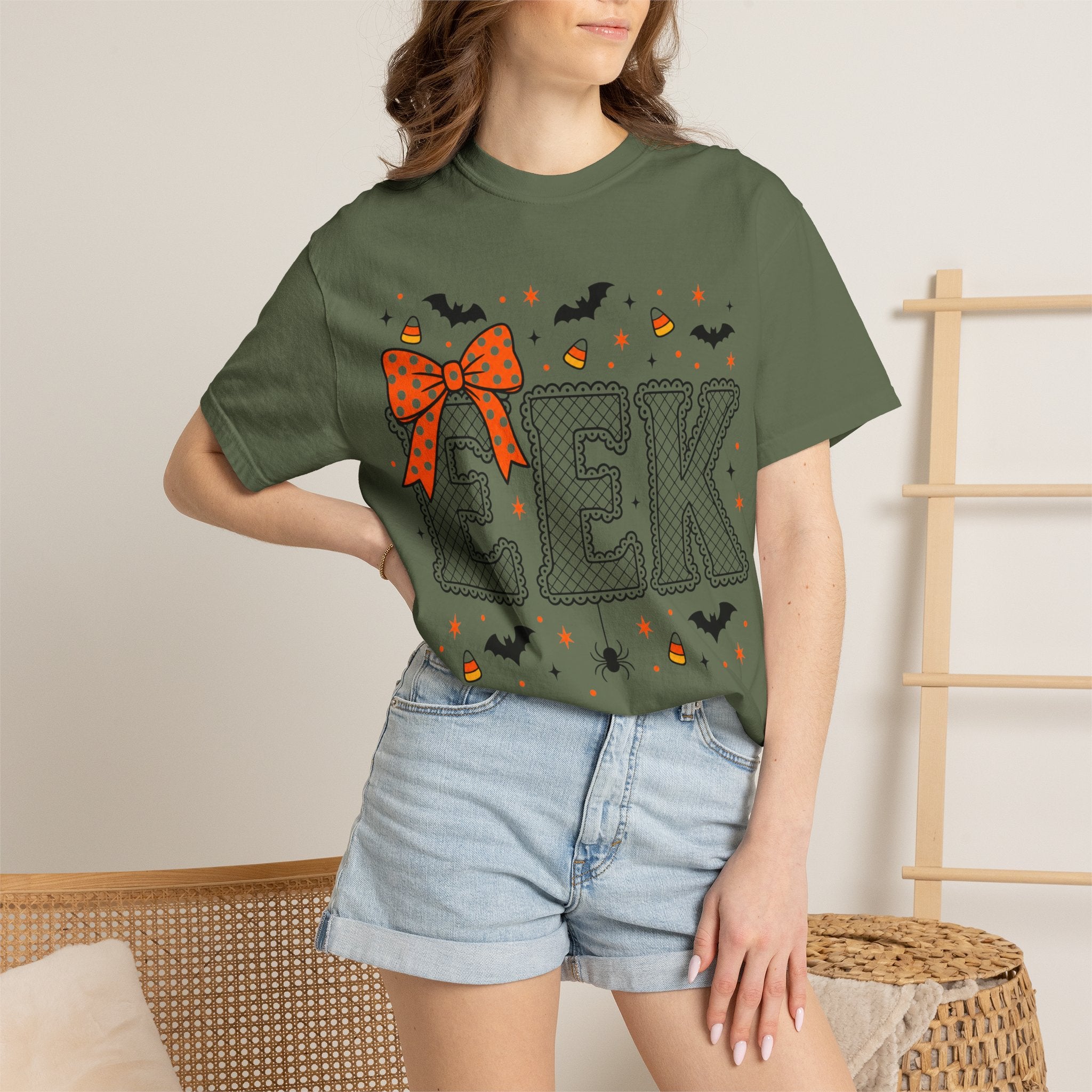 Halloween "EEK" T-Shirt with Orange Bow & Candy Corn Design