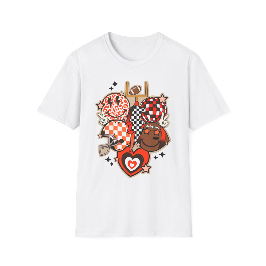 Checker Football Balloons Tee — Orange Game Day Shirt
