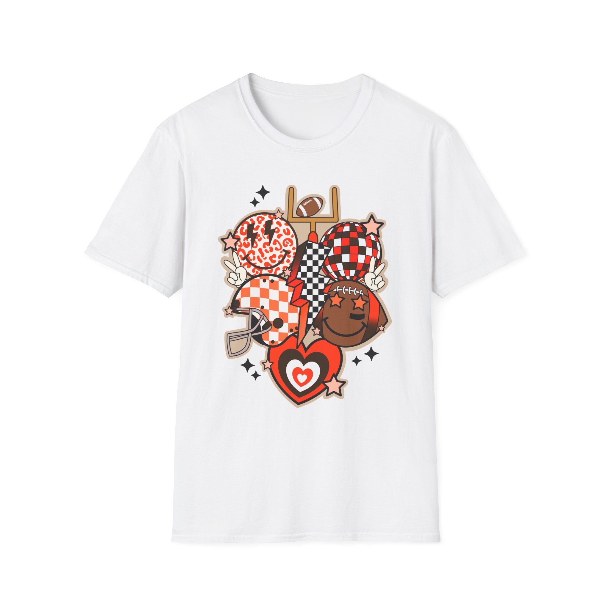 Checker Football Balloons Tee — Orange Game Day Shirt