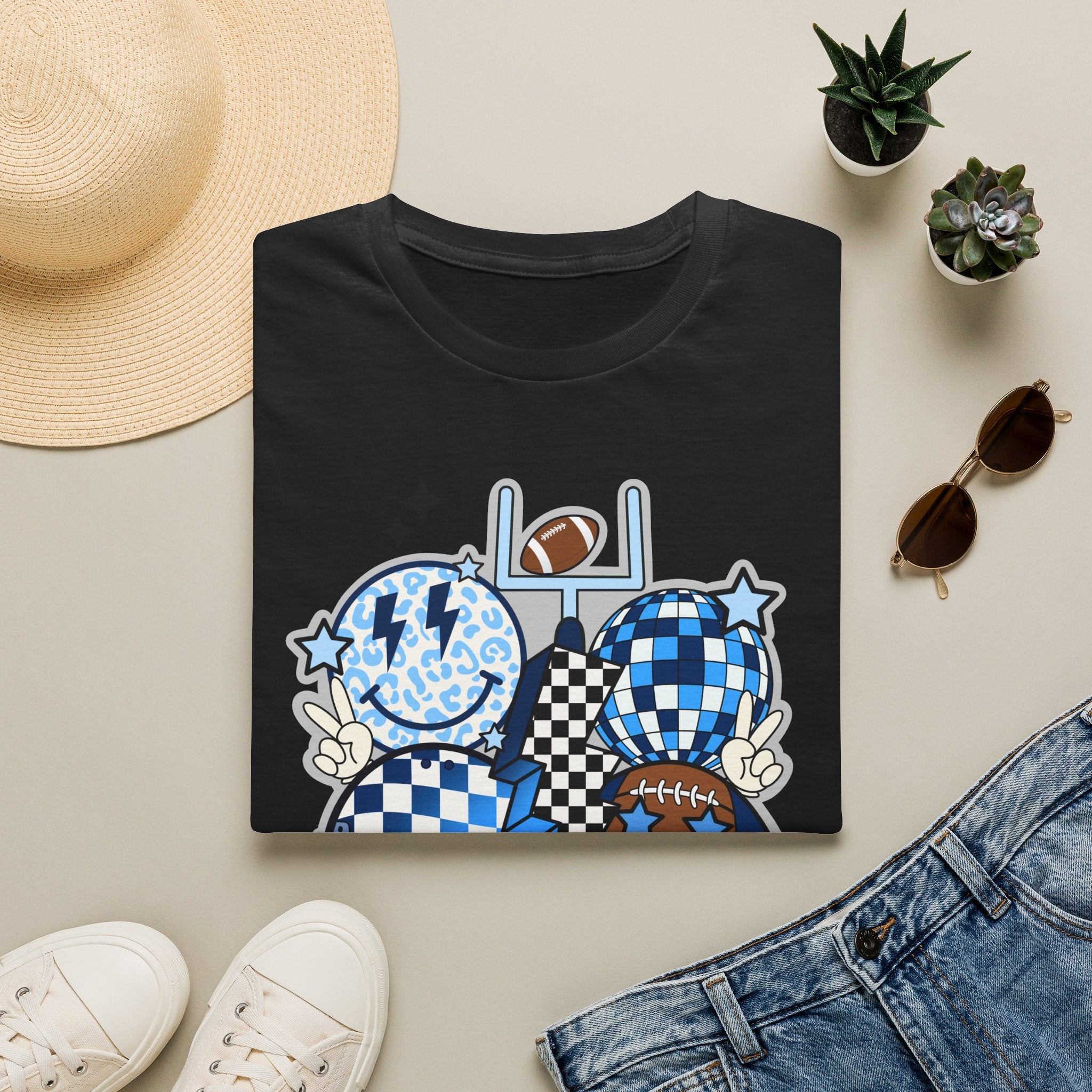 Blue Football Crew Graphic T‑Shirt — Checkerboard Smiley Tailgate Tee