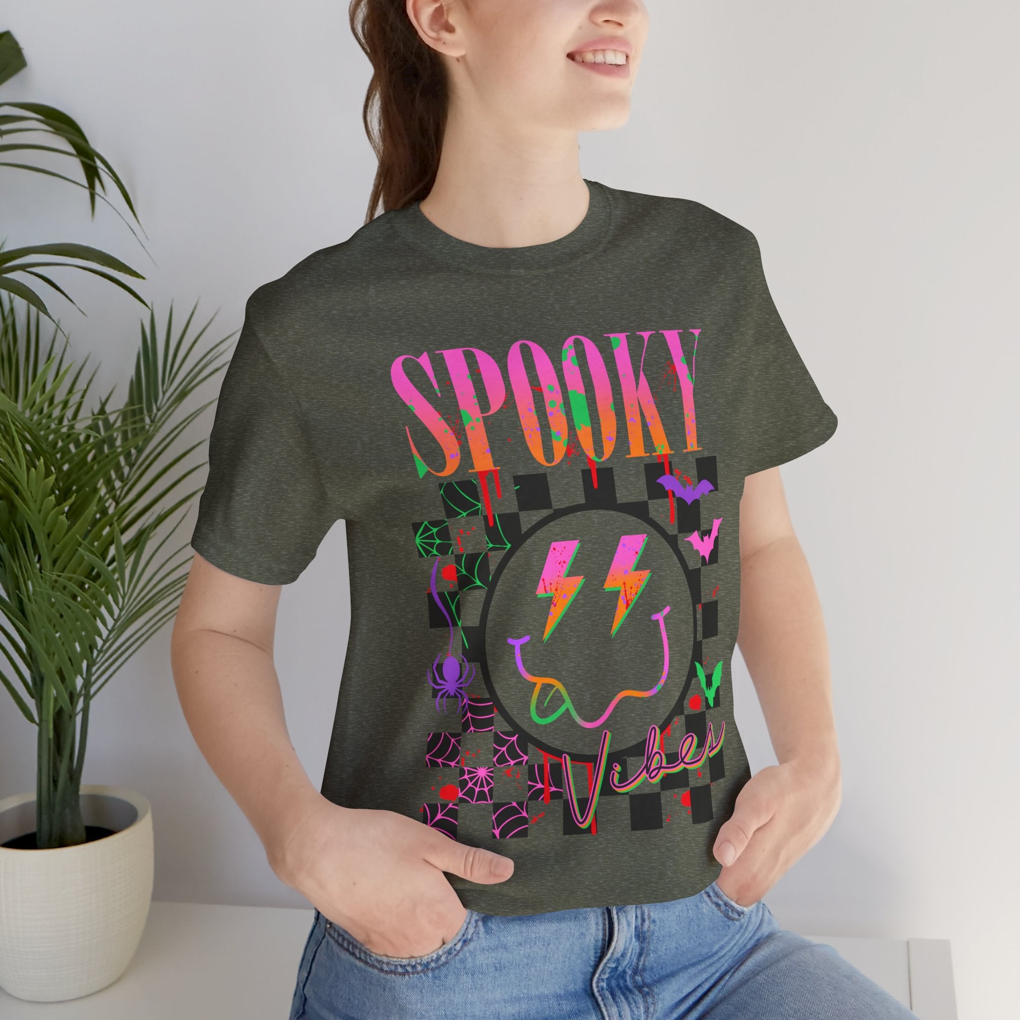 Spooky Checkerboard Tee — Neon Ghost Lightning Graphic T‑Shirt