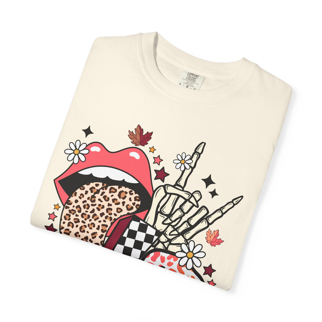 Graphic T-Shirt — Retro Halloween Collage (pumpkin, melting skull, checkerboard, leopard tongue)
