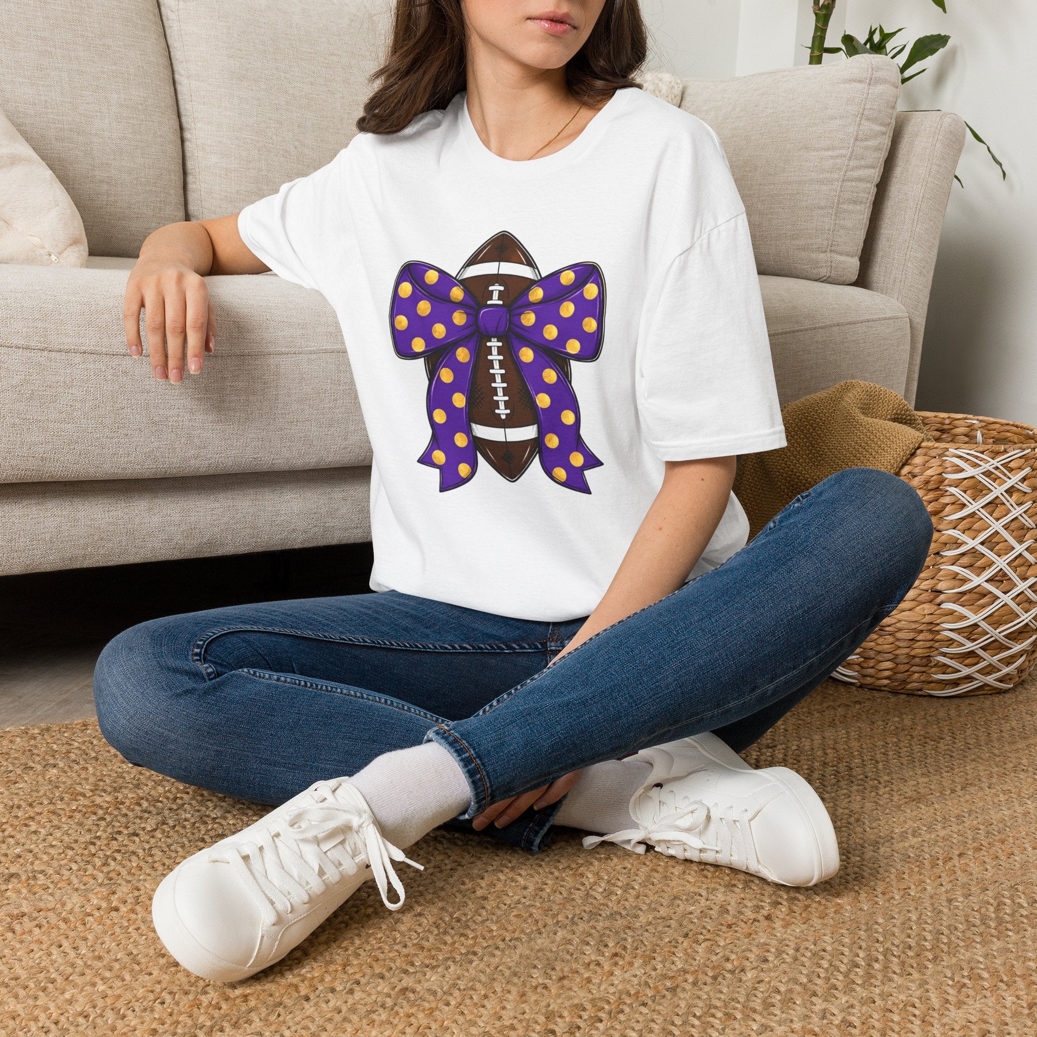 Football With Purple Polka Dot Bow T‑Shirt