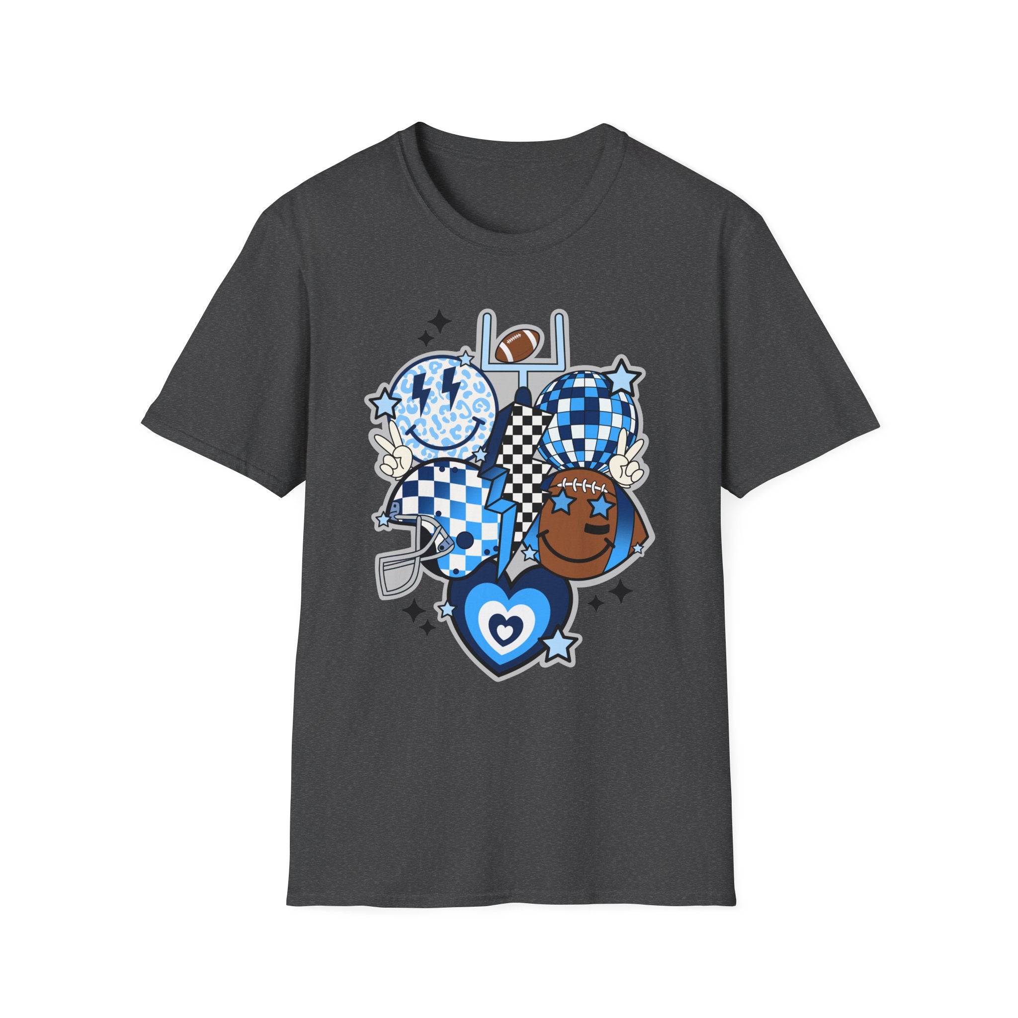 Blue Football Crew Graphic T‑Shirt — Checkerboard Smiley Tailgate Tee