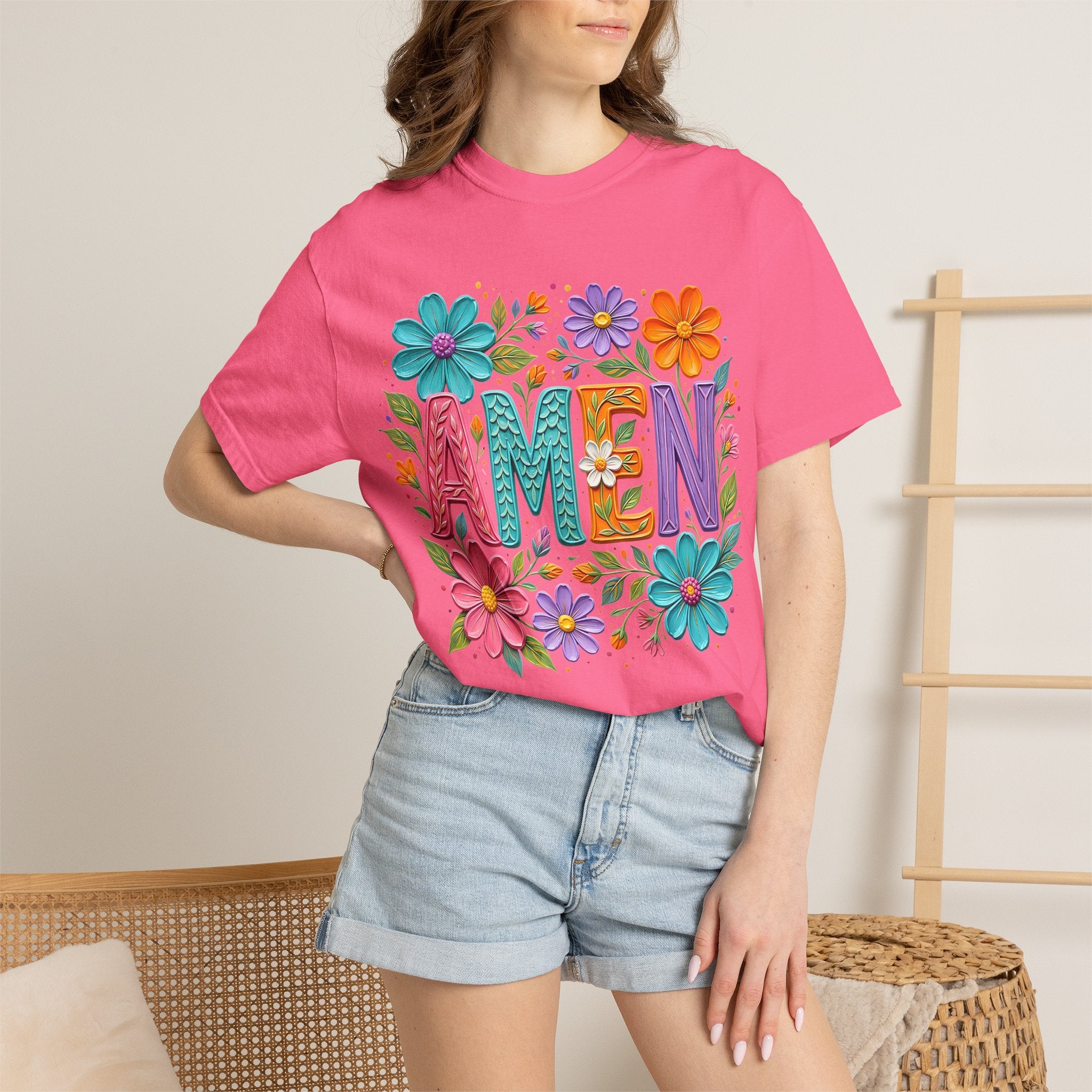 Amen Floral T-Shirt — Colorful Retro Flowers Graphic Tee