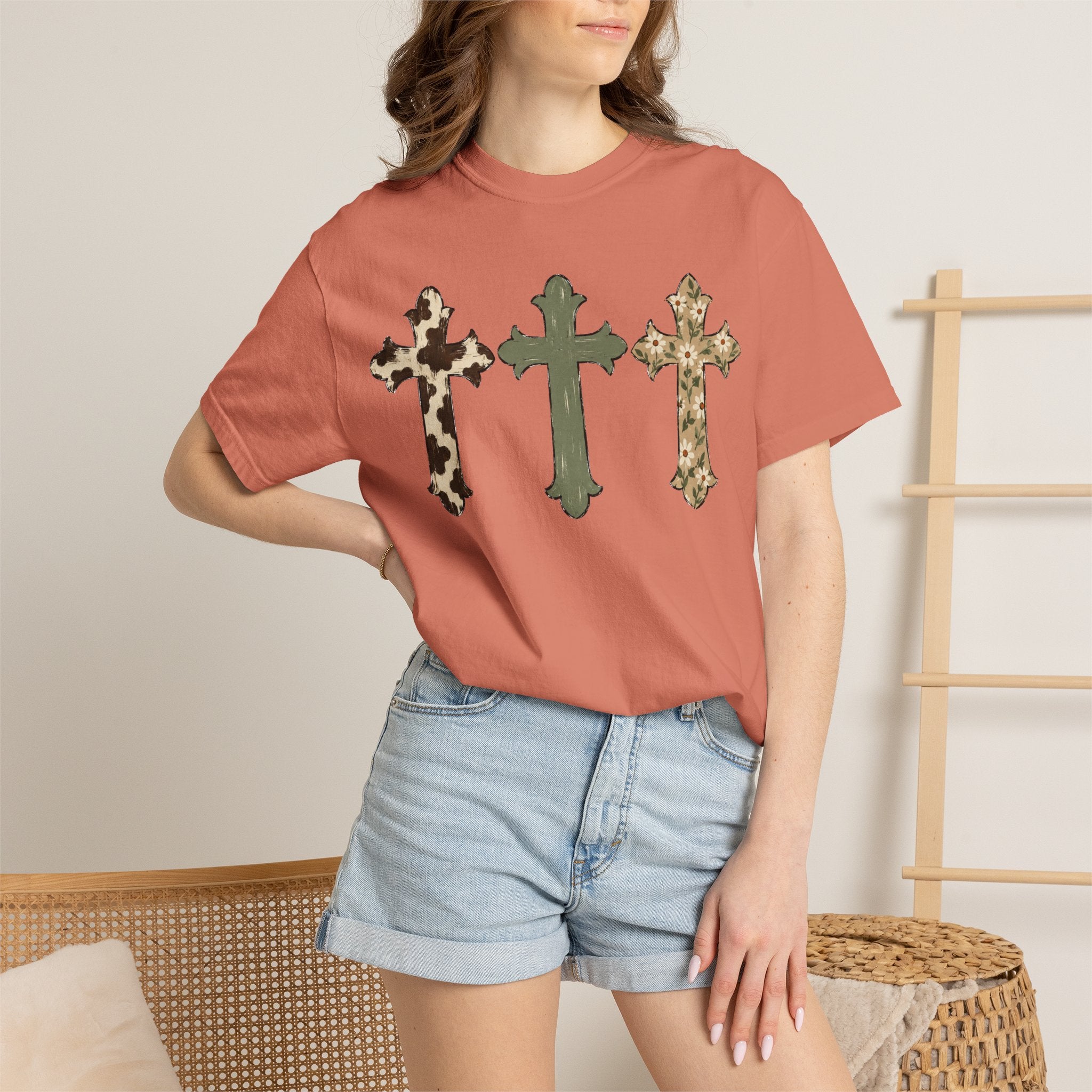 Cowhide Crosses T‑Shirt — Southwestern Floral Christian Tee