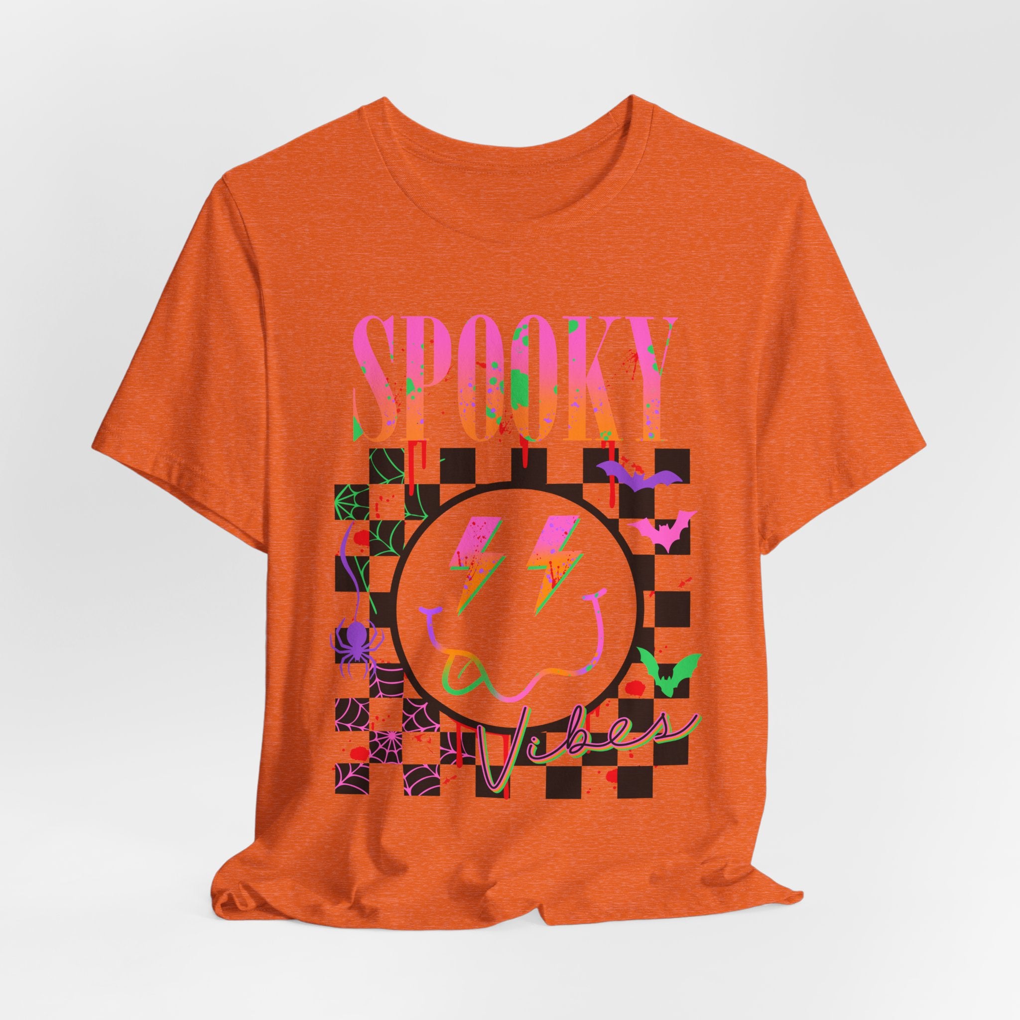 Spooky Checkerboard Tee — Neon Ghost Lightning Graphic T‑Shirt