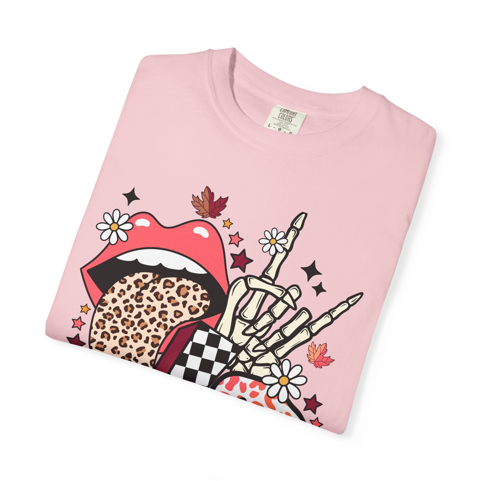 Graphic T-Shirt — Retro Halloween Collage (pumpkin, melting skull, checkerboard, leopard tongue)