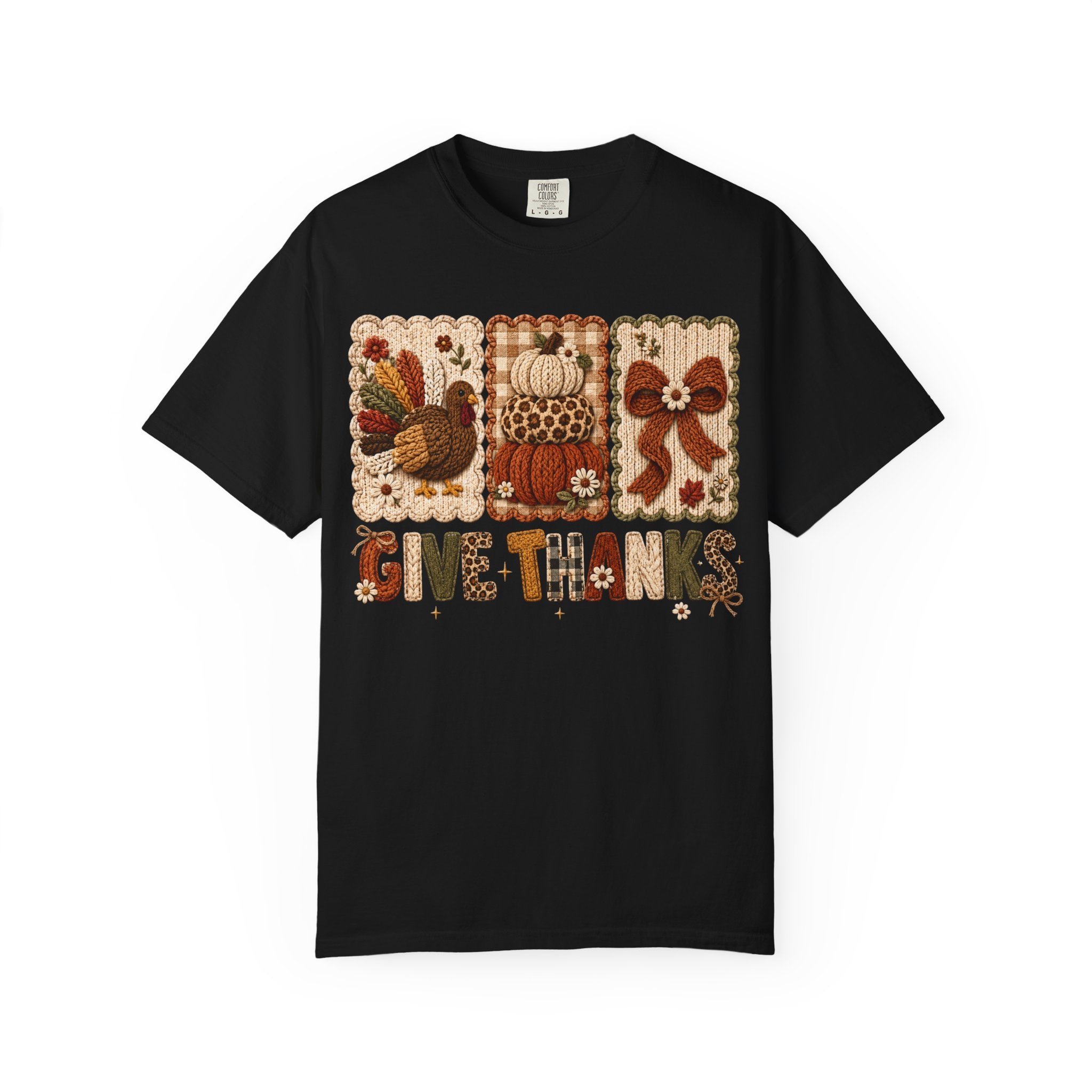 Give Thanks Thanksgiving T-Shirt — Autumn Turkey, Pumpkin & Bow Fall Tee