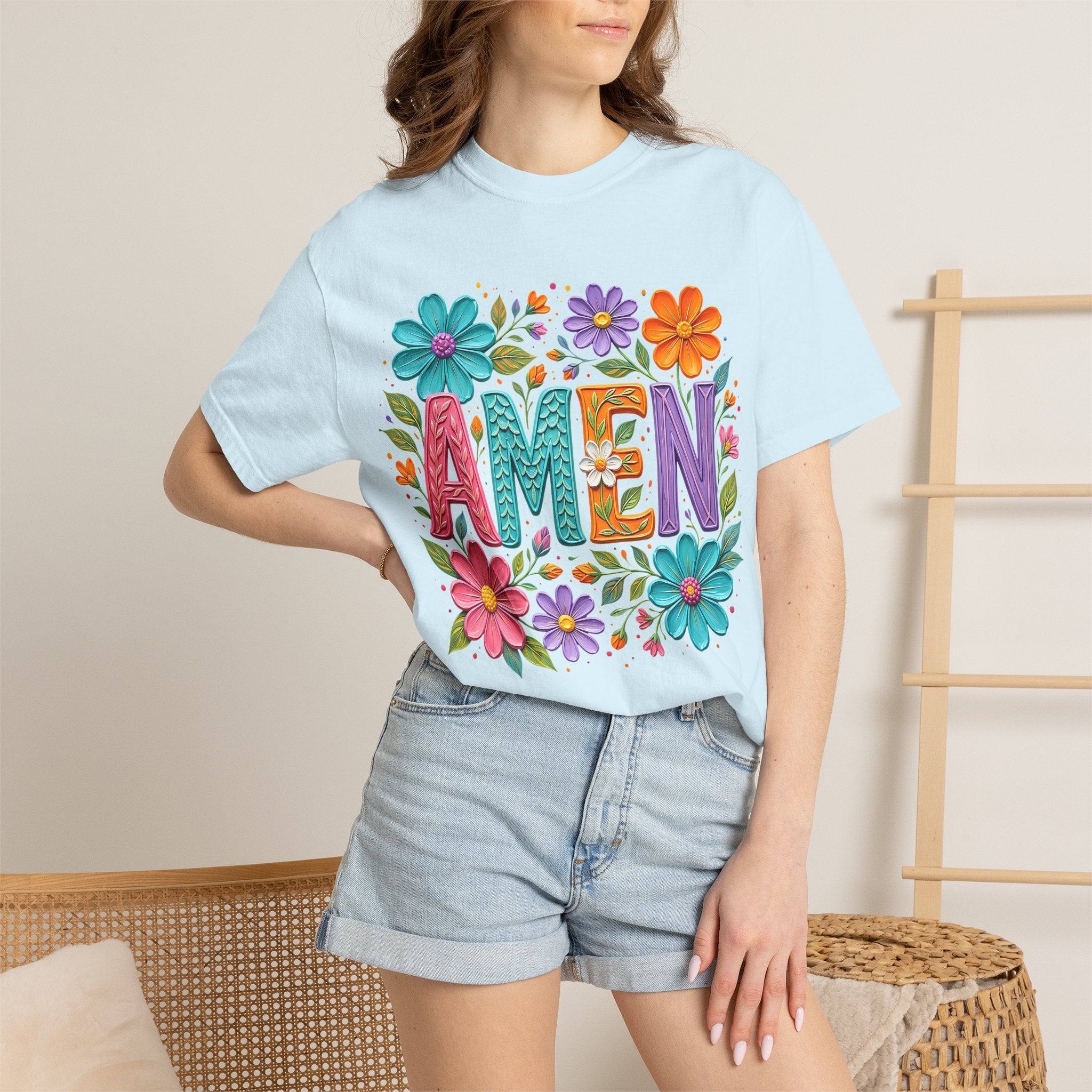 Amen Floral T-Shirt — Colorful Retro Flowers Graphic Tee