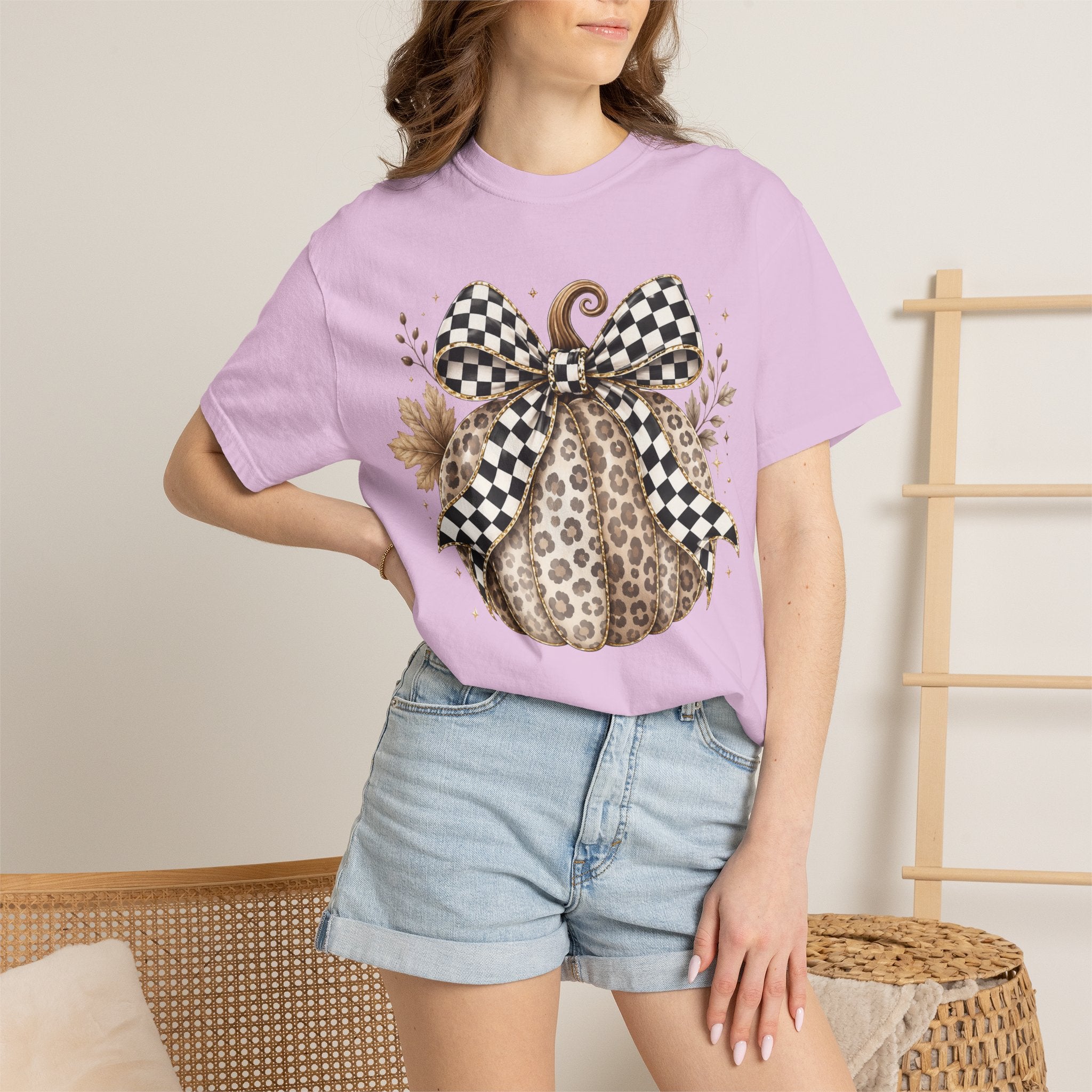 Leopard Pumpkin Tee with Black & White Check Bow — Fall Graphic T-Shirt