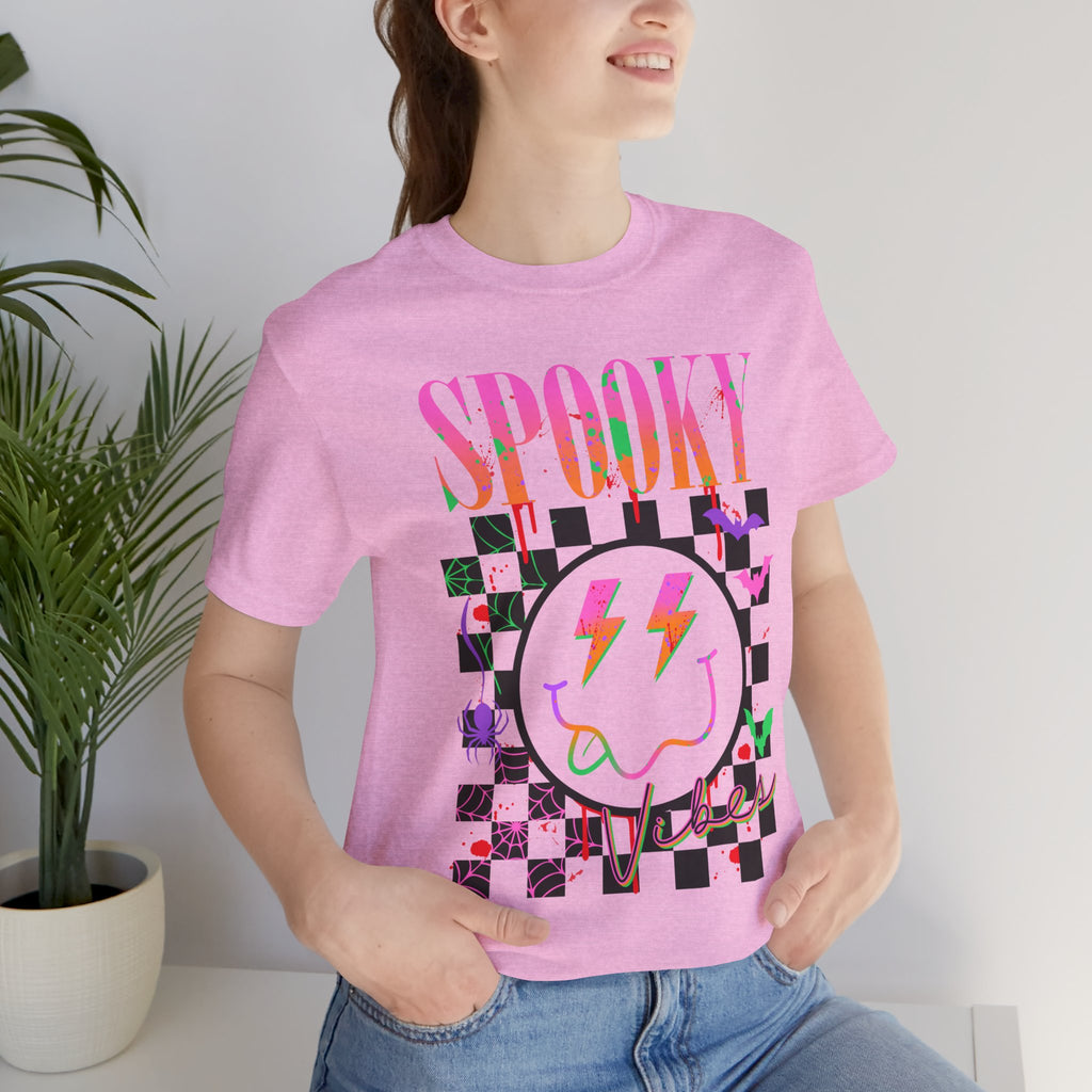 Spooky Checkerboard Tee — Neon Ghost Lightning Graphic T‑Shirt