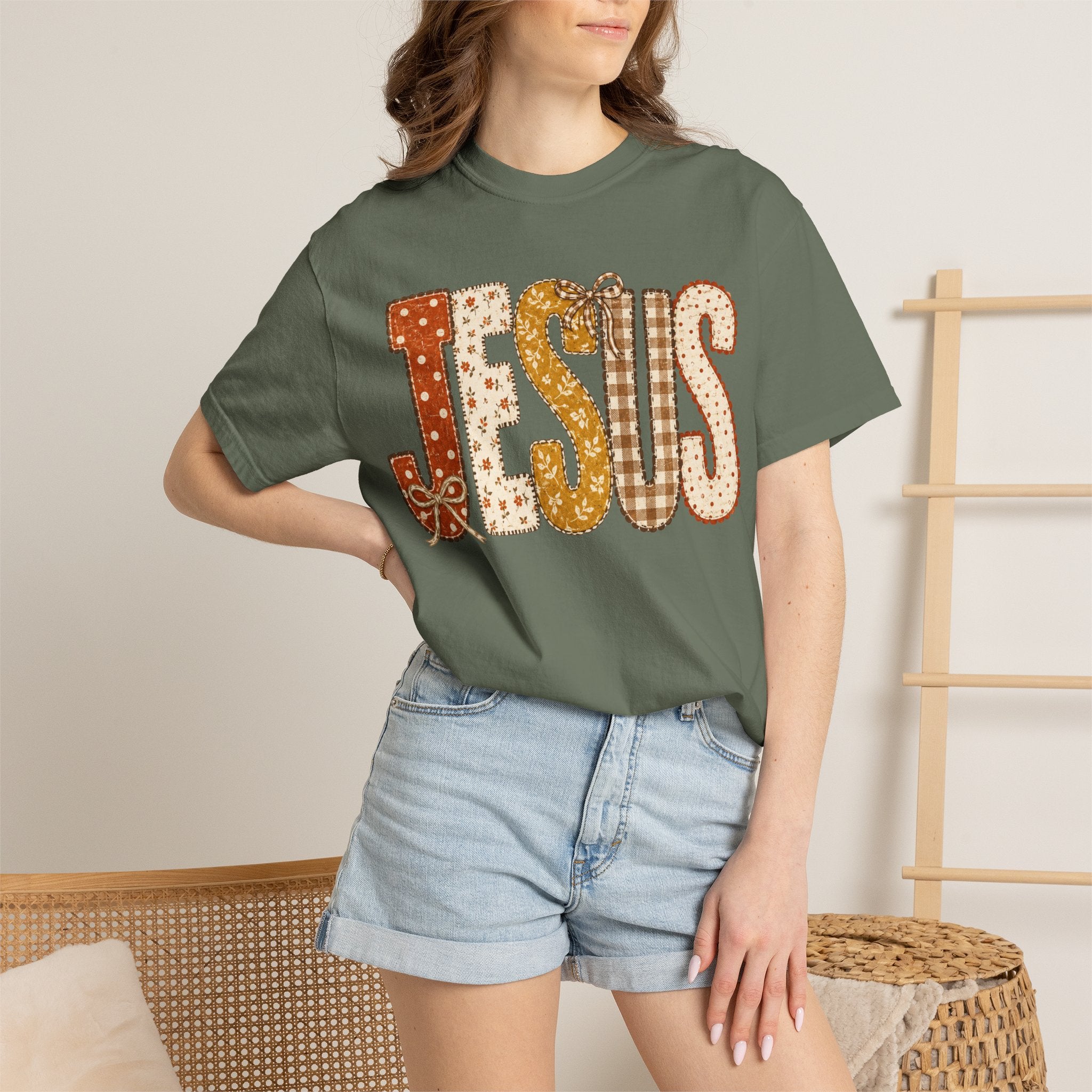 Jesus Patchwork T‑Shirt — Retro Plaid & Paisley Faith Tee
