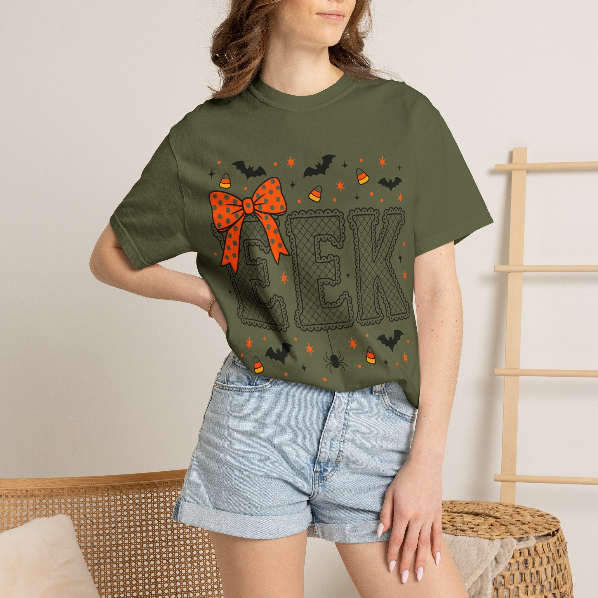 Halloween "EEK" T-Shirt with Orange Bow & Candy Corn Design