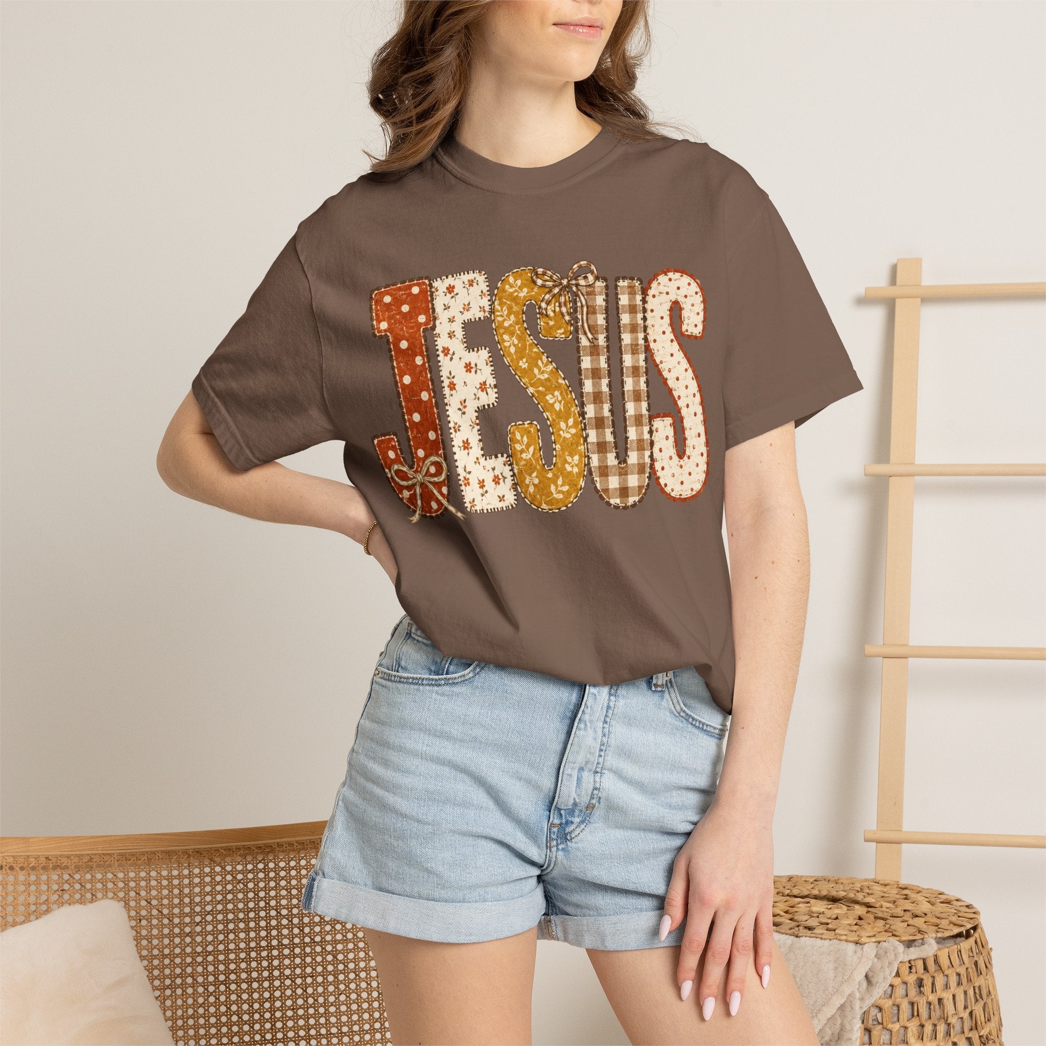 Jesus Patchwork T‑Shirt — Retro Plaid & Paisley Faith Tee