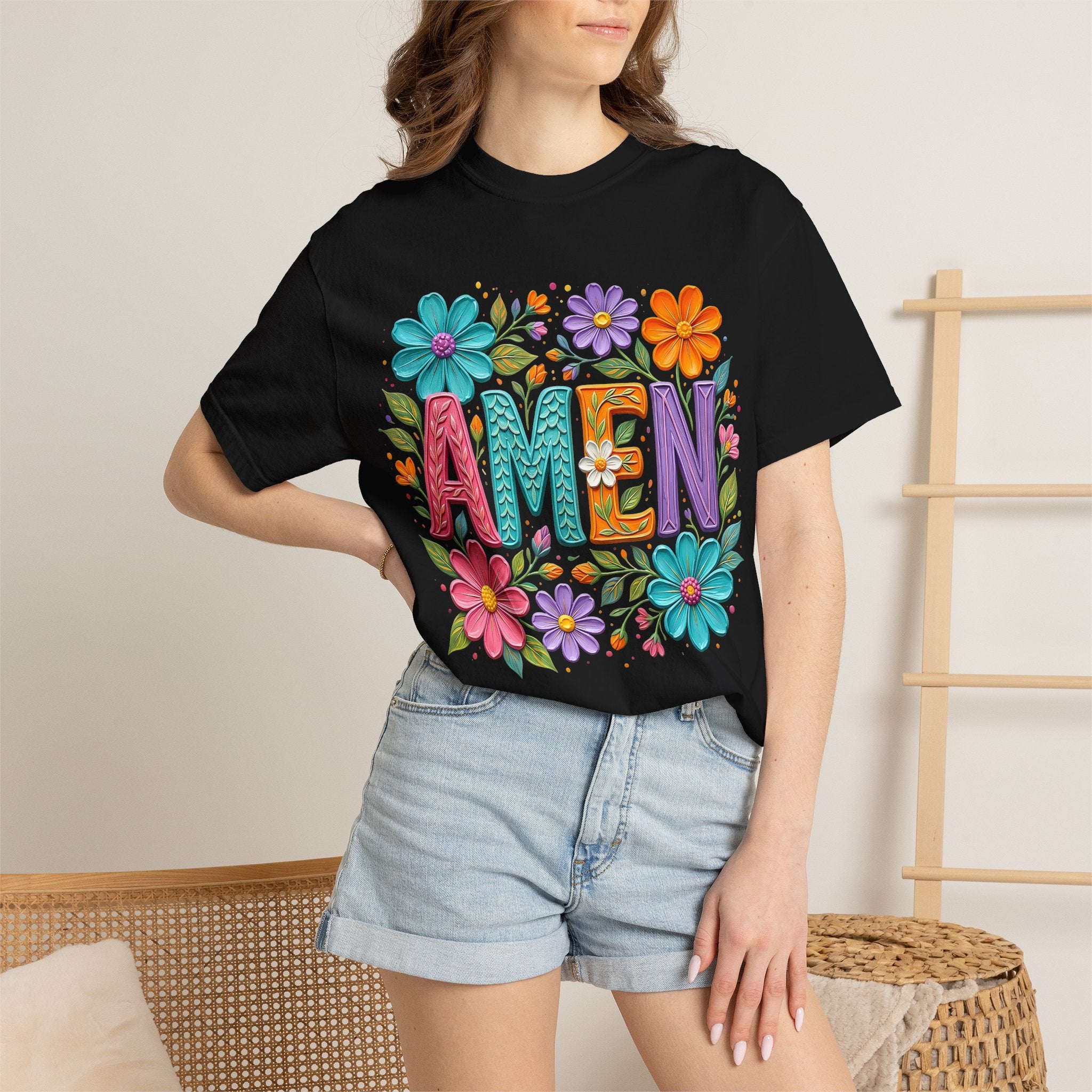 Amen Floral T-Shirt — Colorful Retro Flowers Graphic Tee