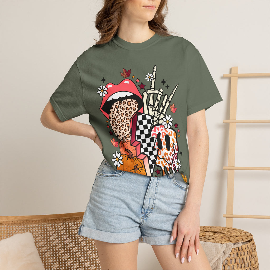 Graphic T-Shirt — Retro Halloween Collage (pumpkin, melting skull, checkerboard, leopard tongue)
