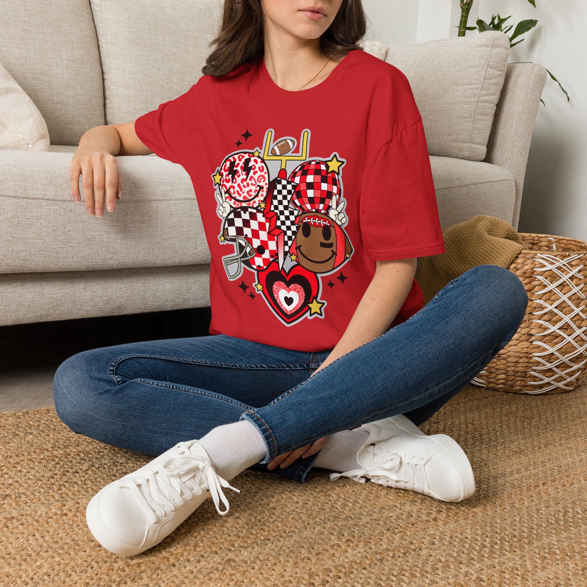 Football Love Graphic T-Shirt — Cute Checker & Heart Helmet Design