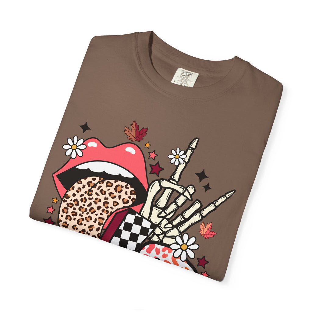 Graphic T-Shirt — Retro Halloween Collage (pumpkin, melting skull, checkerboard, leopard tongue)