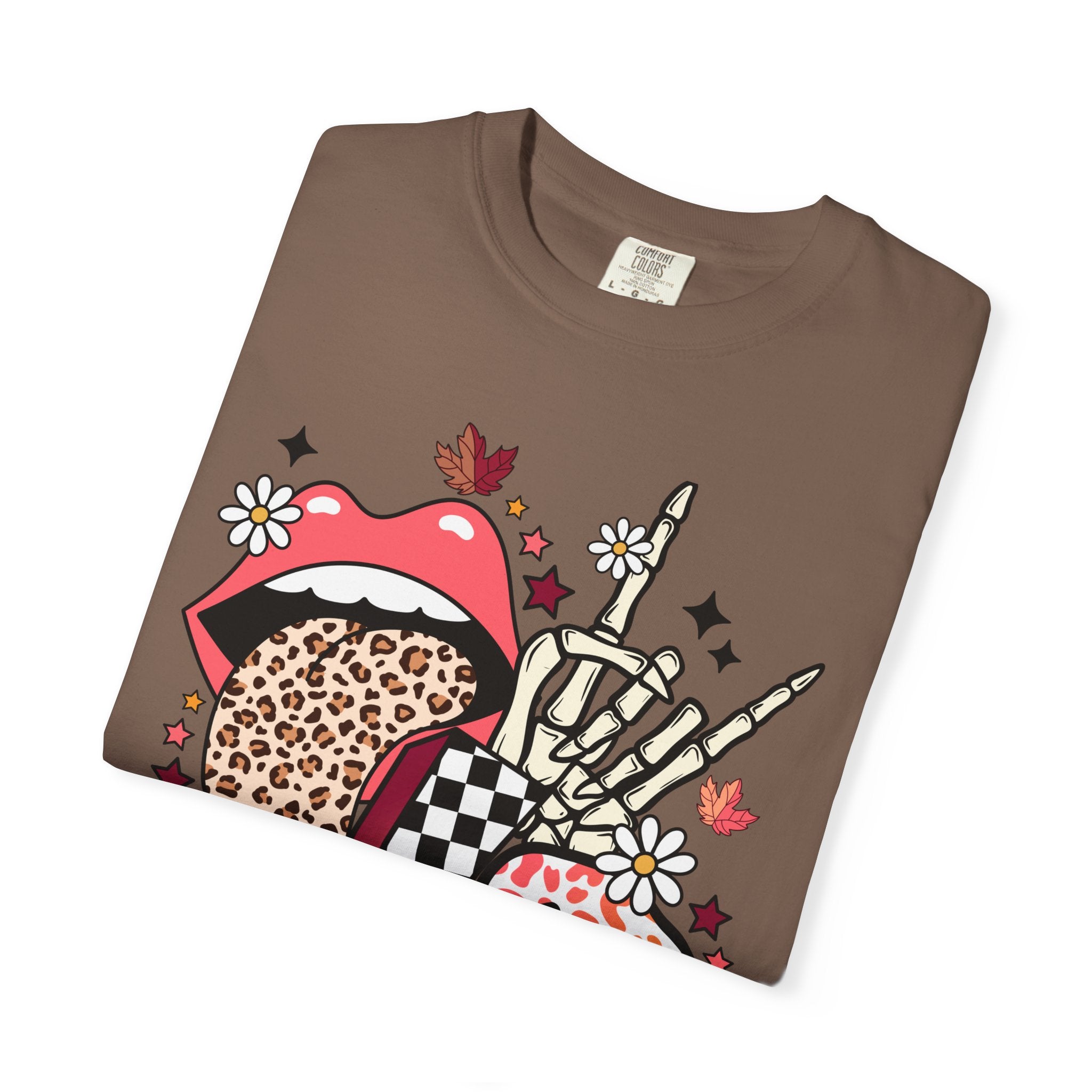 Graphic T-Shirt — Retro Halloween Collage (pumpkin, melting skull, checkerboard, leopard tongue)